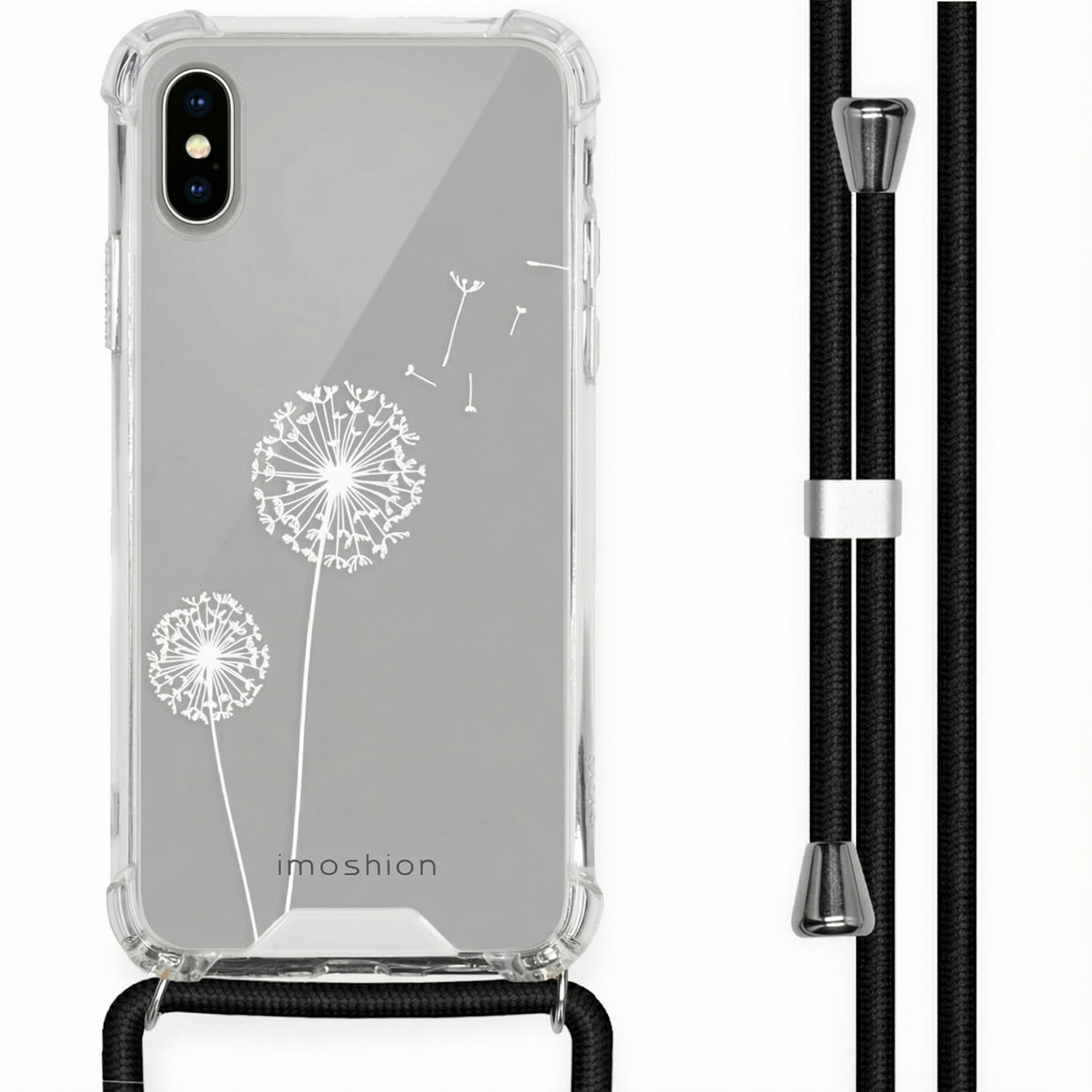 Transparante telefoonhoes met wit paardenbloemontwerp en zwart koord.