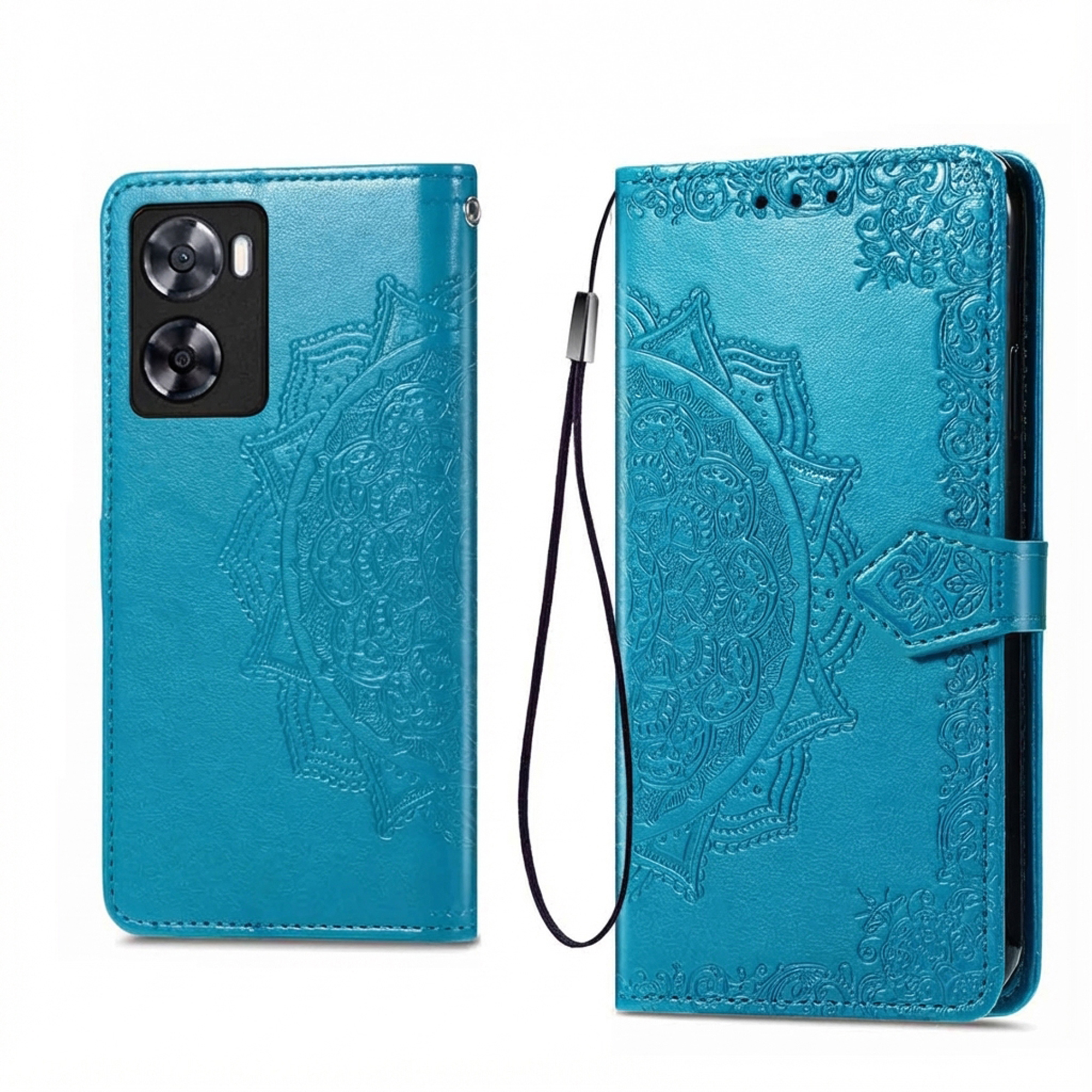 Blauw telefoonhoesje met mandala-patroon en camerahoes.