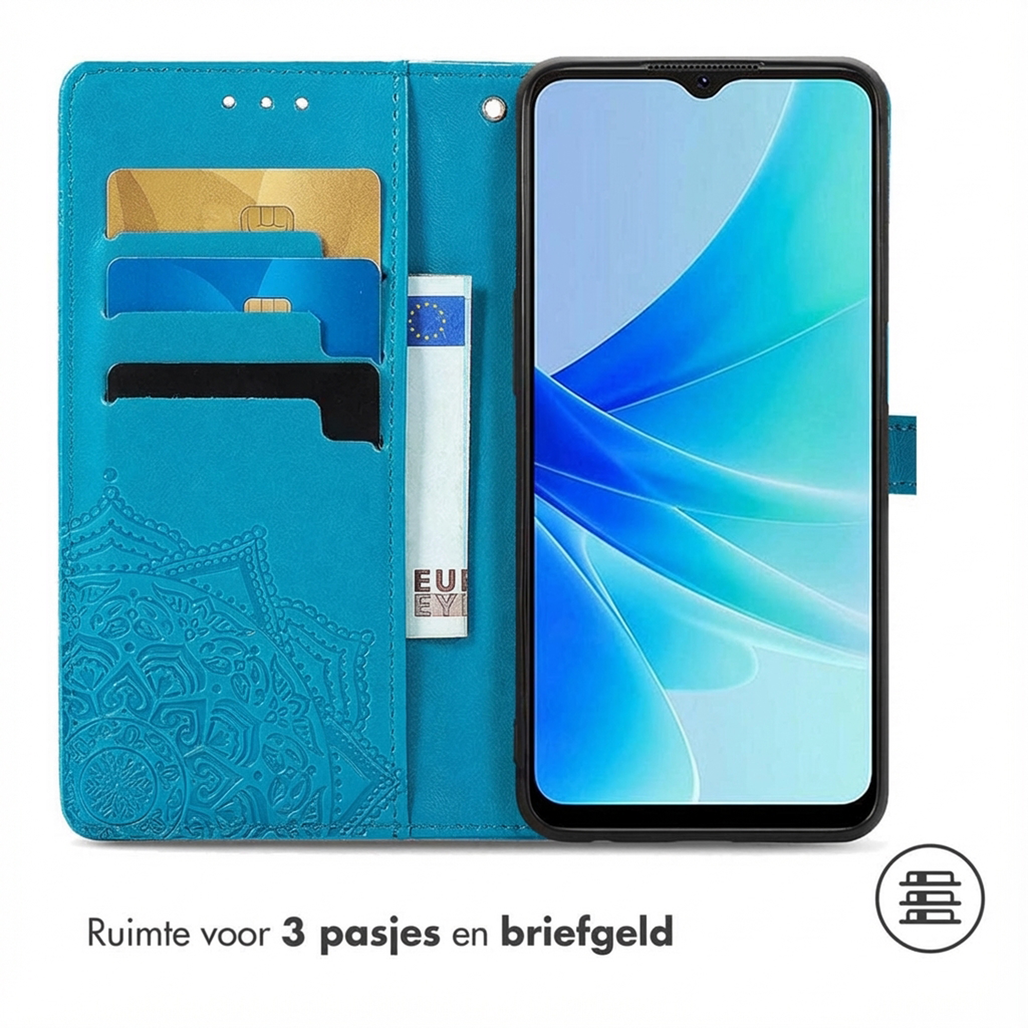 Turquoise portemonnee telefoonhoes met kaartsleuven, geldvak en mandala-reliëf.