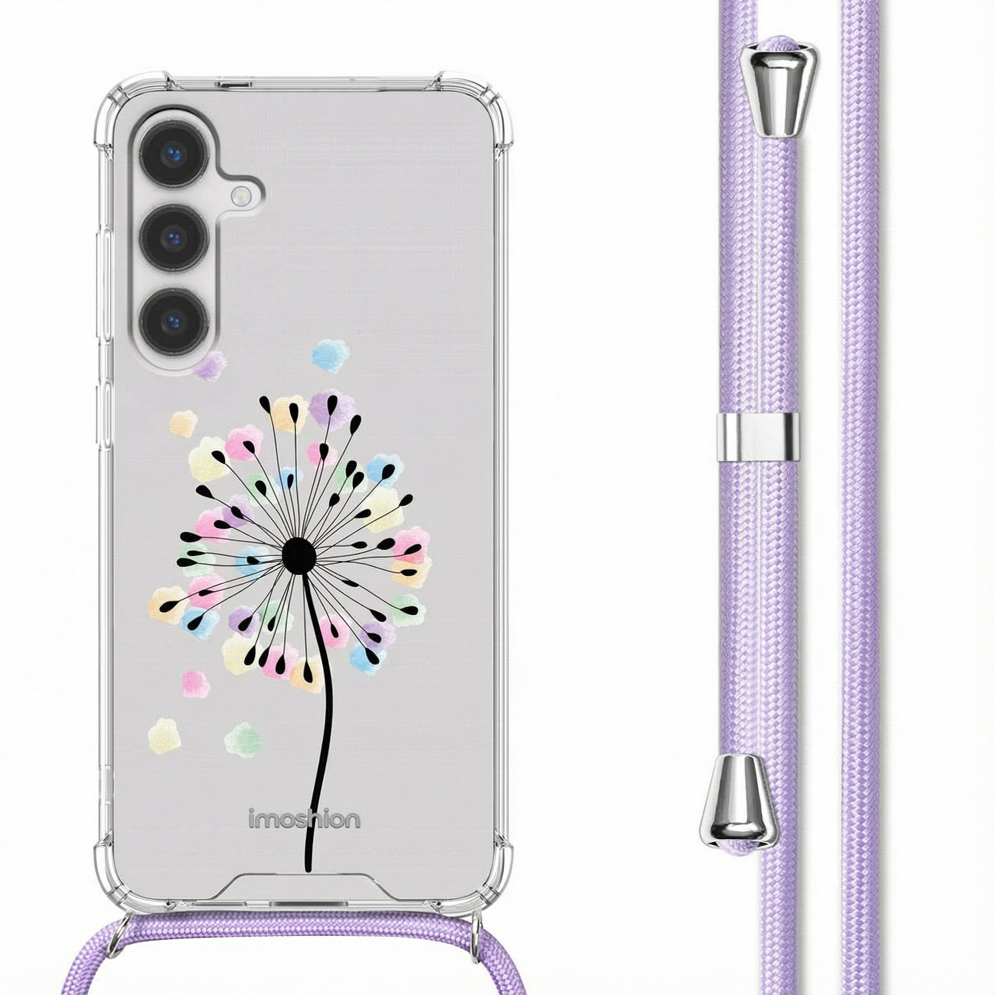 Coque transparente avec motif pissenlit et cordon violet.