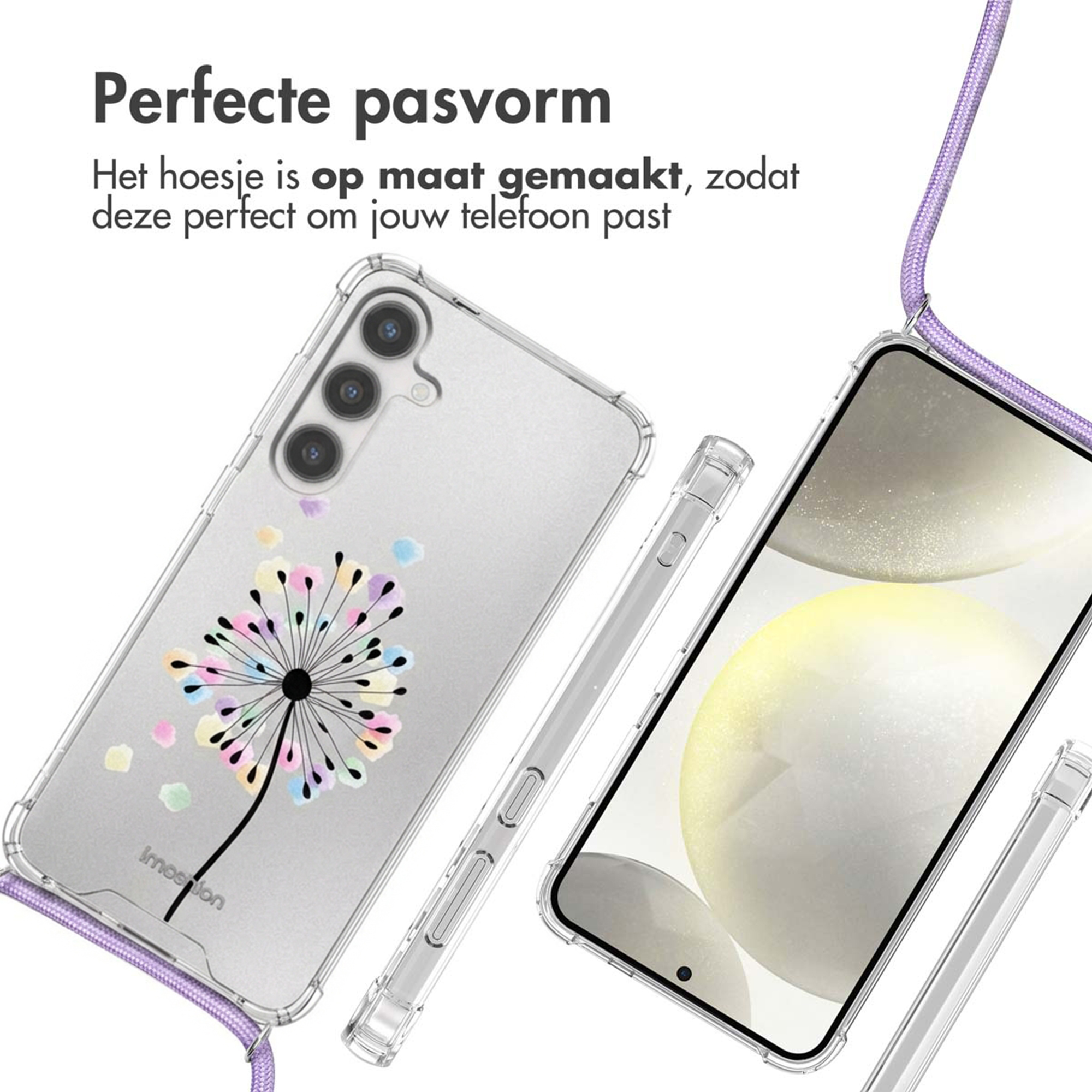 Coque transparente avec motif pissenlit et cordon violet.