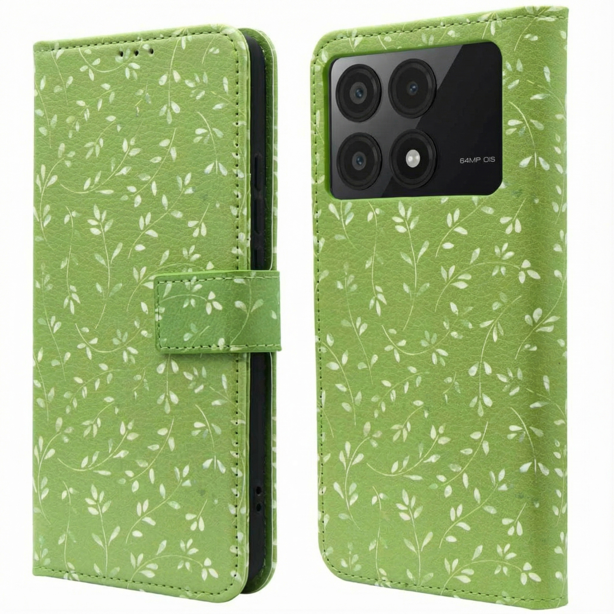 Groene telefoonhoes met wit bladpatroon, open met cameralenzen.