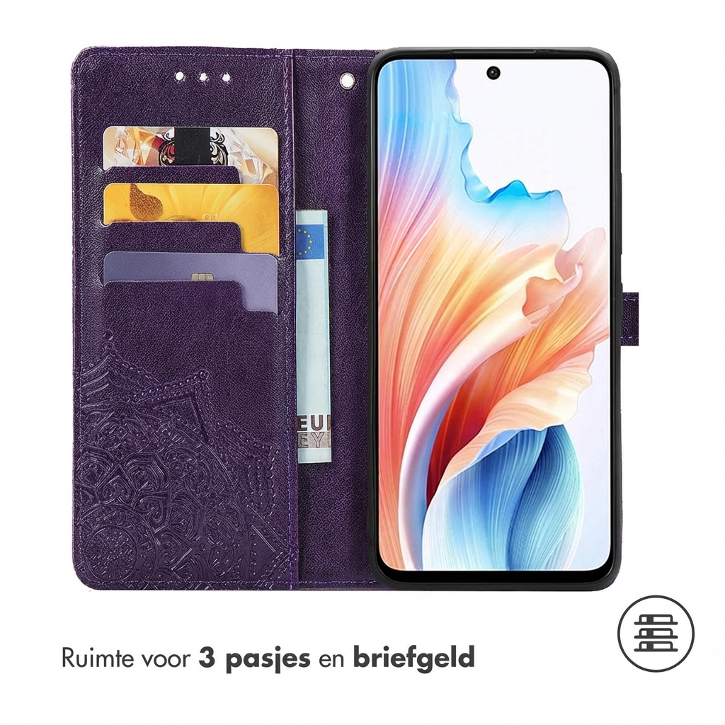 Lila Handyhülle mit Kartenfächern, zeigt ein Smartphone mit buntem Hintergrund.