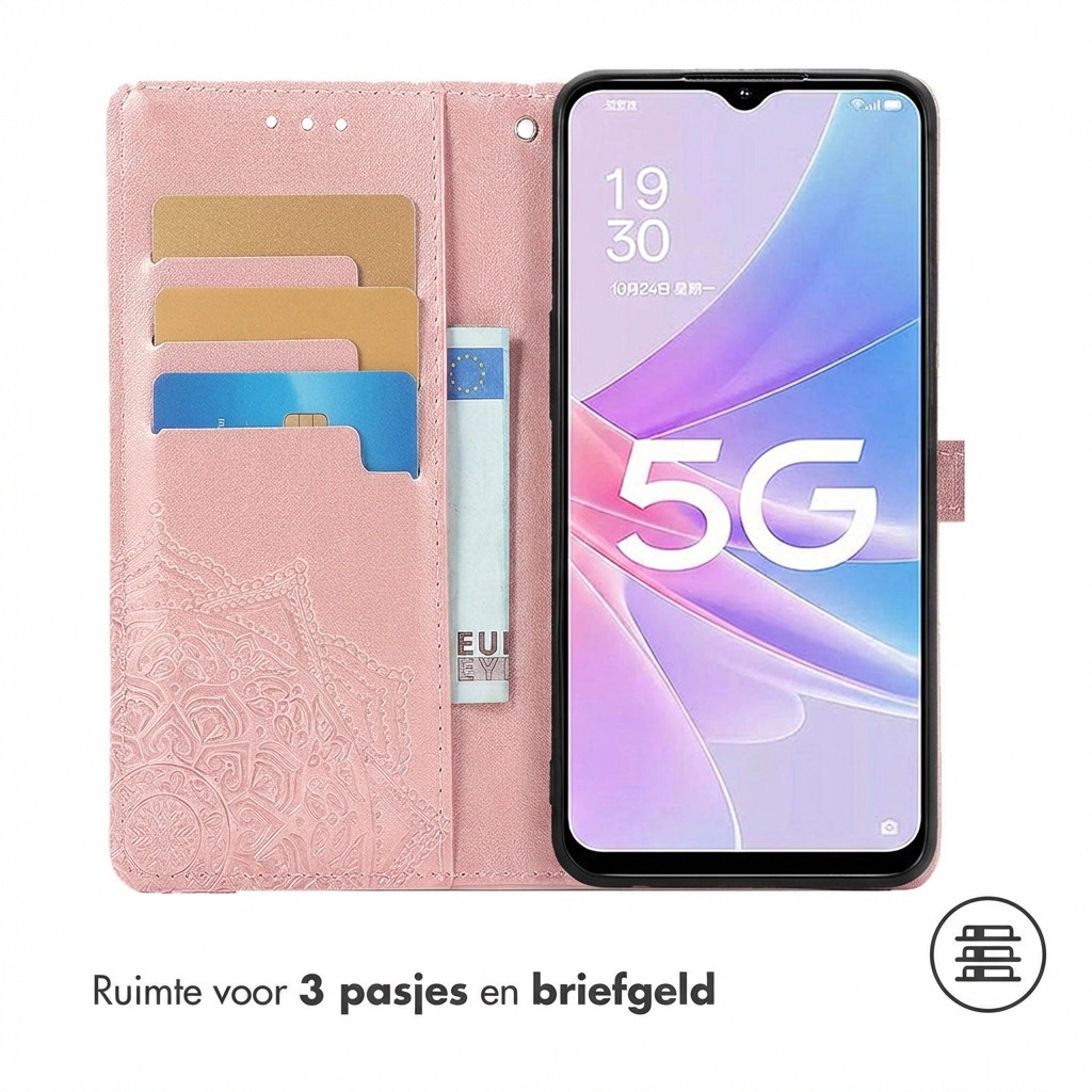 Étui de téléphone rose avec fentes pour cartes et un téléphone affichant 5G.
