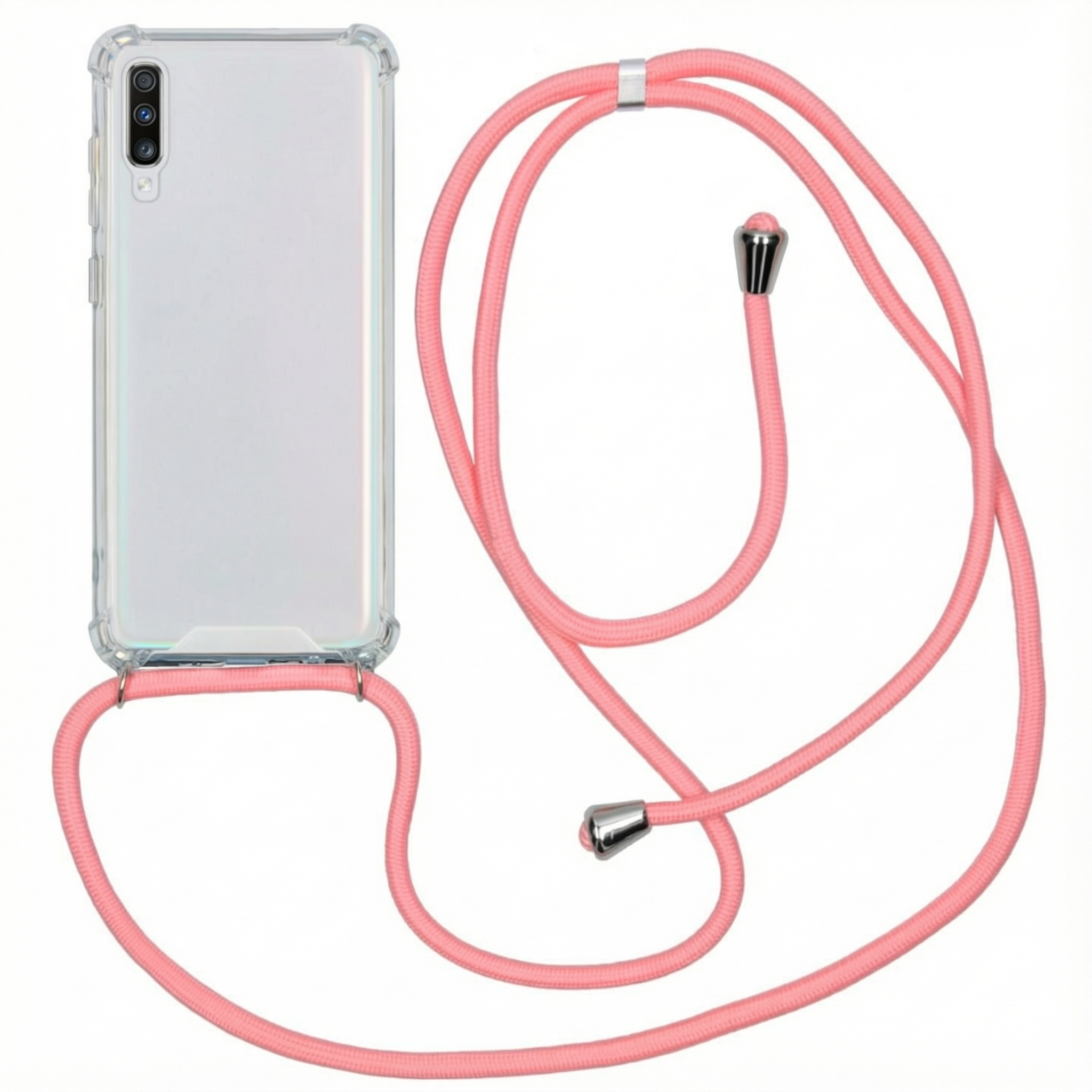 Une coque de téléphone transparente avec une lanière rose.