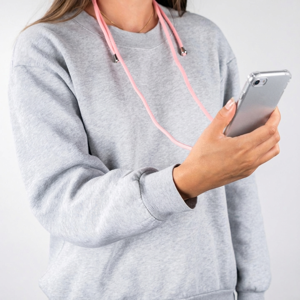 Sweatshirt gris avec tour de cou rose pour téléphone et téléphone.