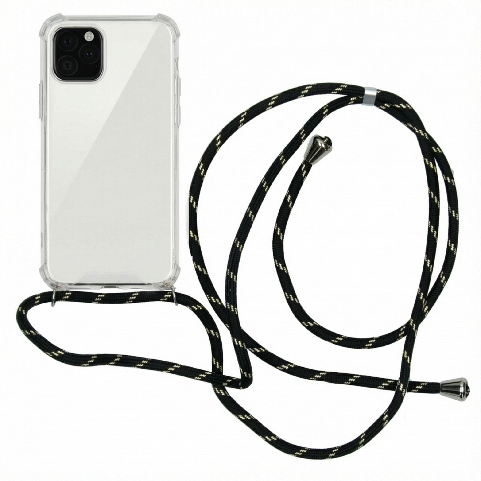 Une coque de téléphone transparente avec un cordon noir à accents blancs.