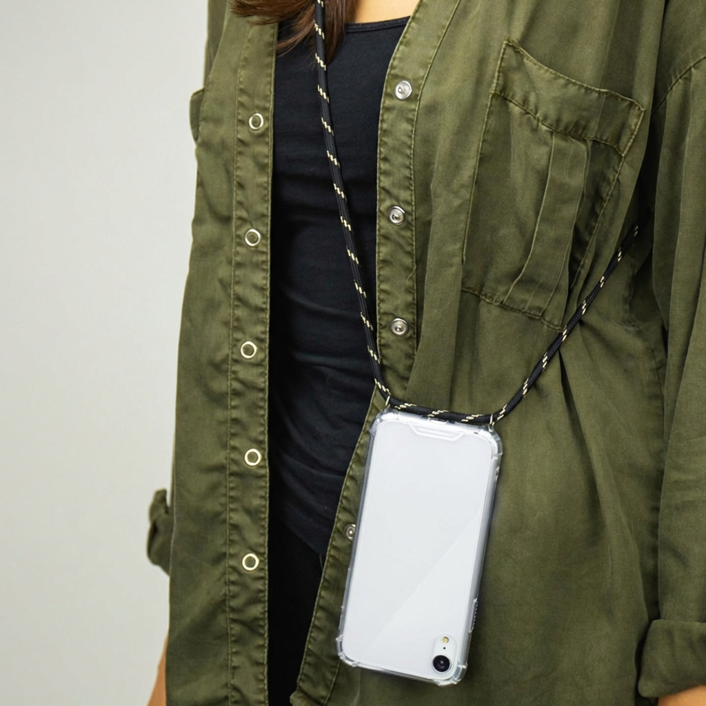 Personne portant une chemise vert olive et un haut noir, téléphone avec cordon.