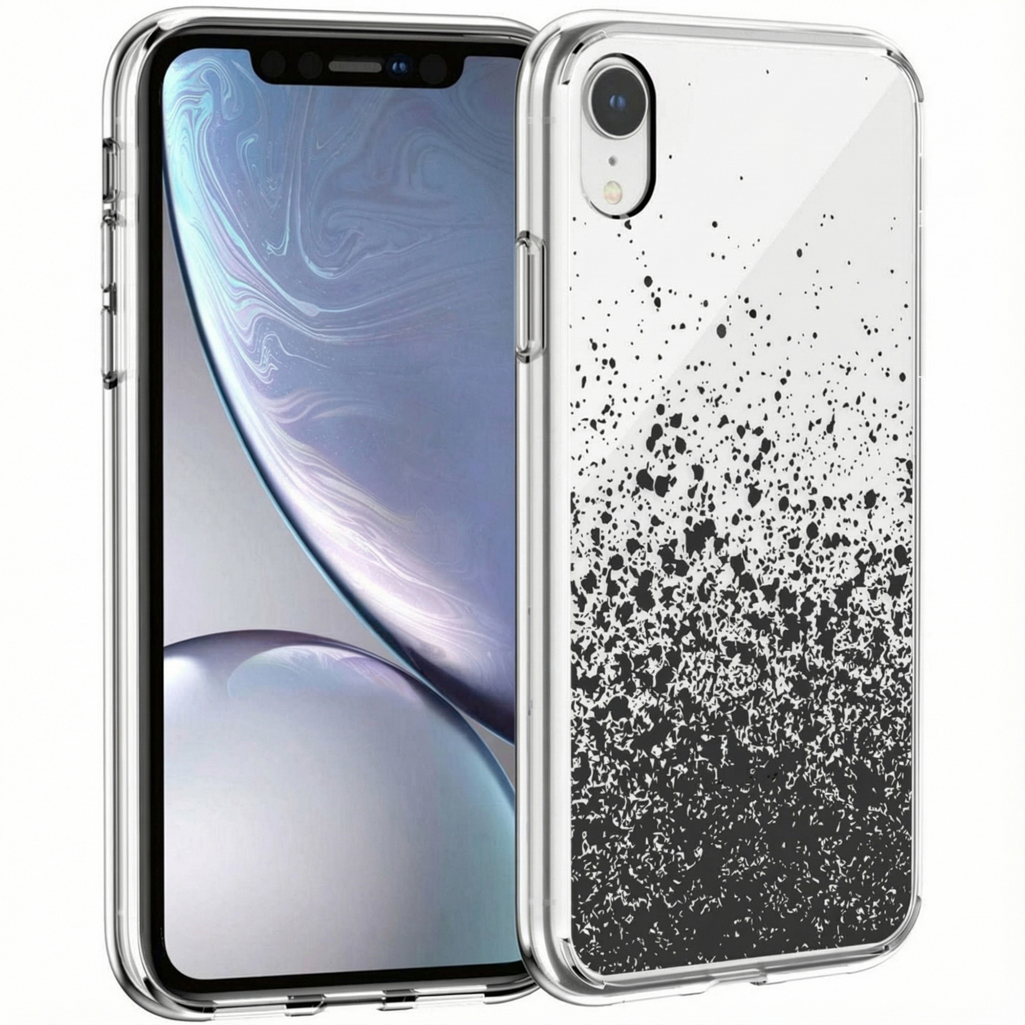 Coque de téléphone transparente avec un motif de taches noires.
