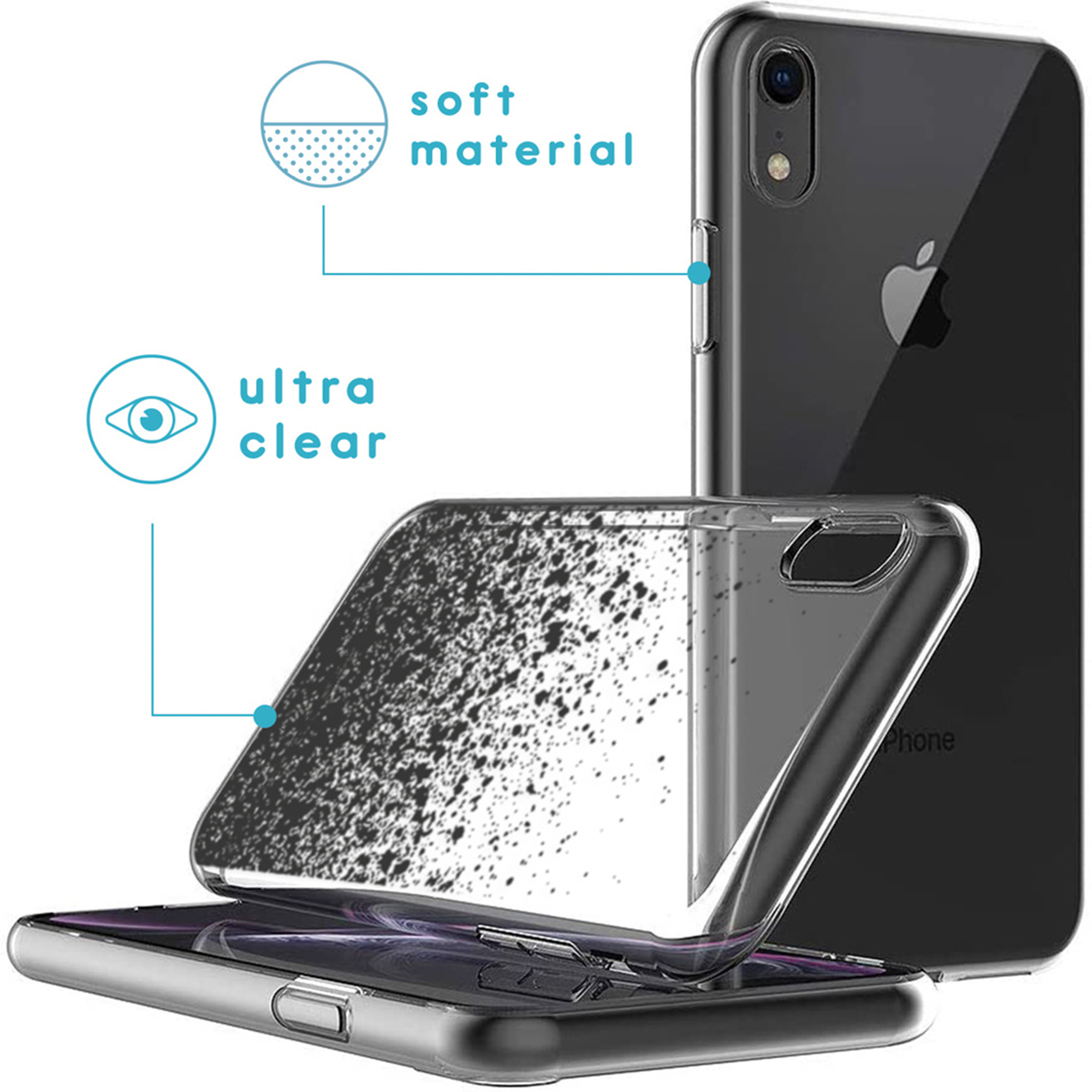 Coque de téléphone transparente avec motif moucheté sur un téléphone noir.