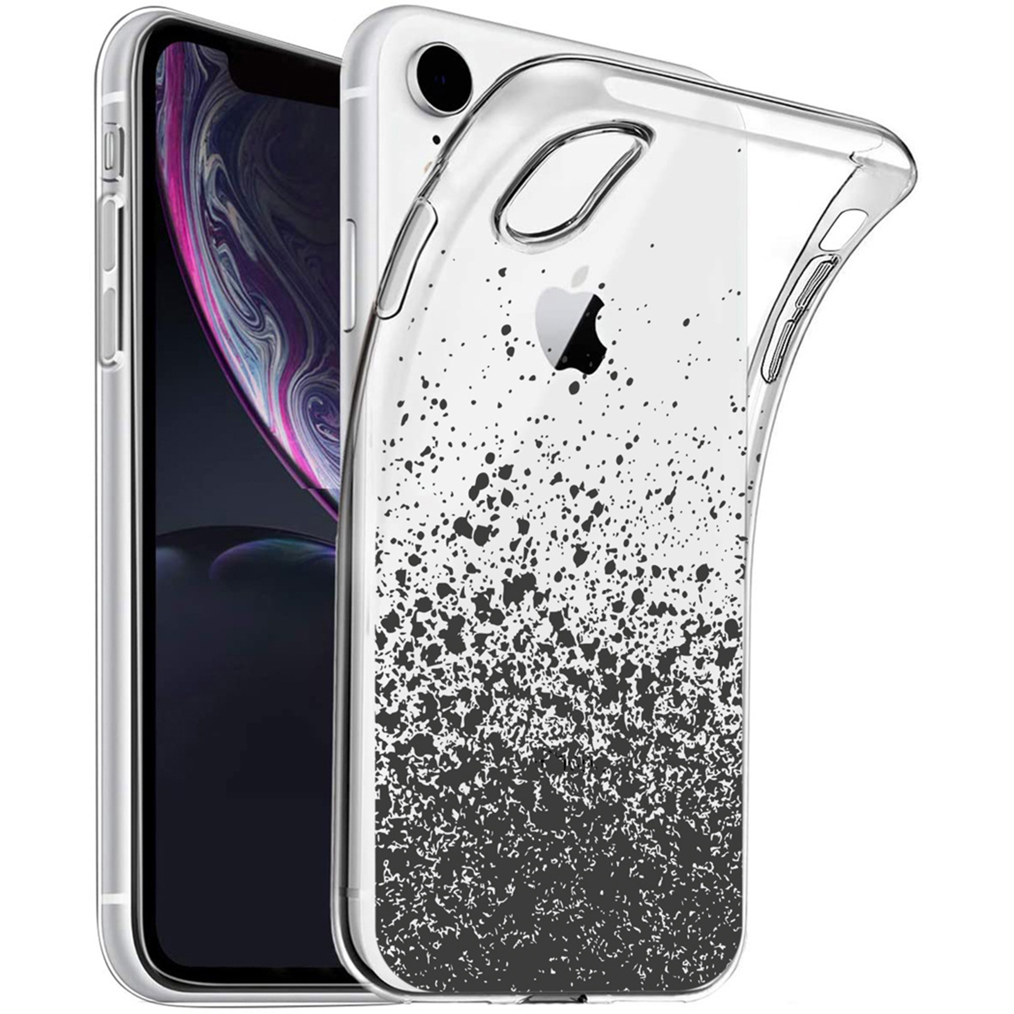 Une coque iPhone transparente avec un motif de peinture éclaboussée noir.