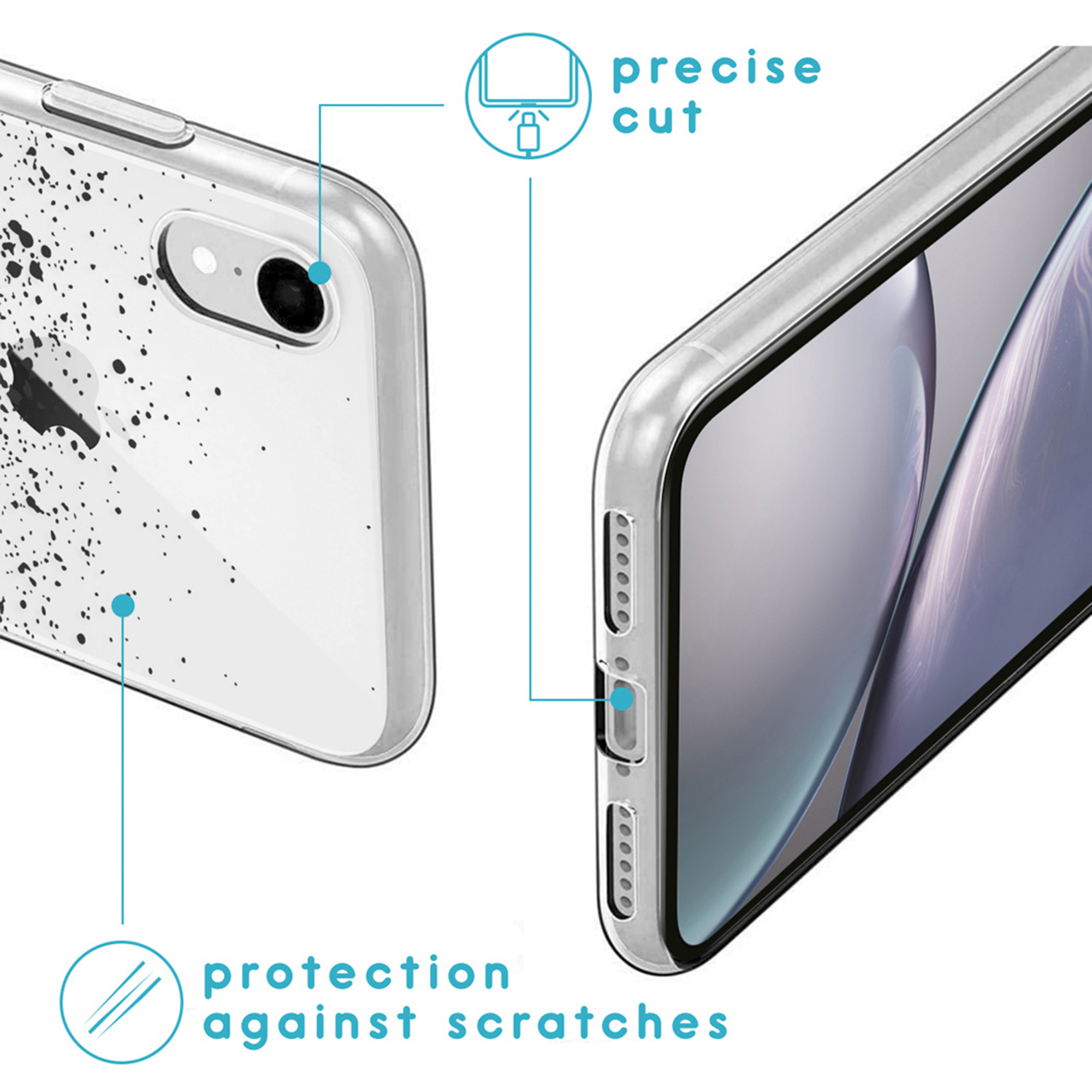 Coque transparente à éclaboussures noires, découpes précises et protection anti-rayures.