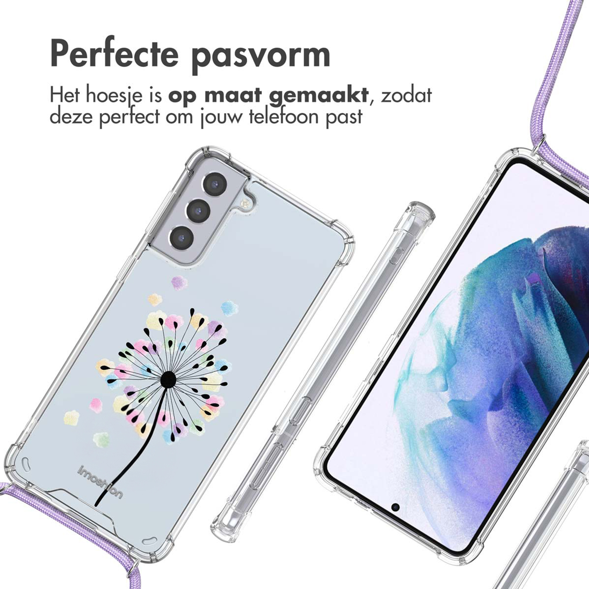 Doorzichtige telefoonhoes met kleurrijke paardenbloemen en paars koord.