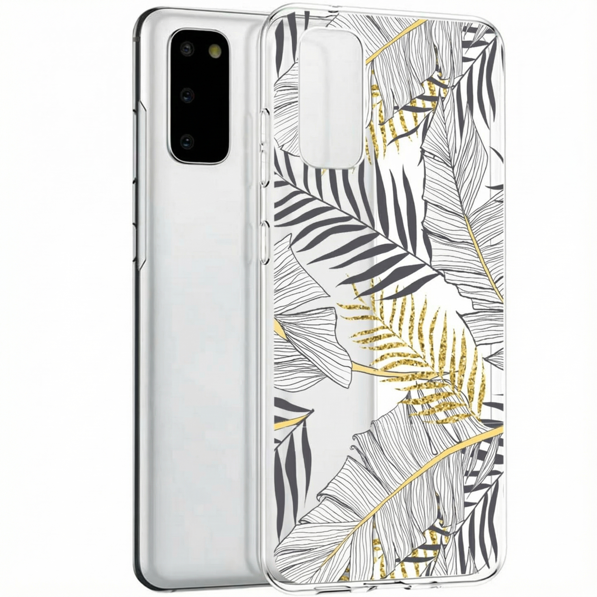 Een smartphone met een doorzichtige hoes met bladerpatroon.