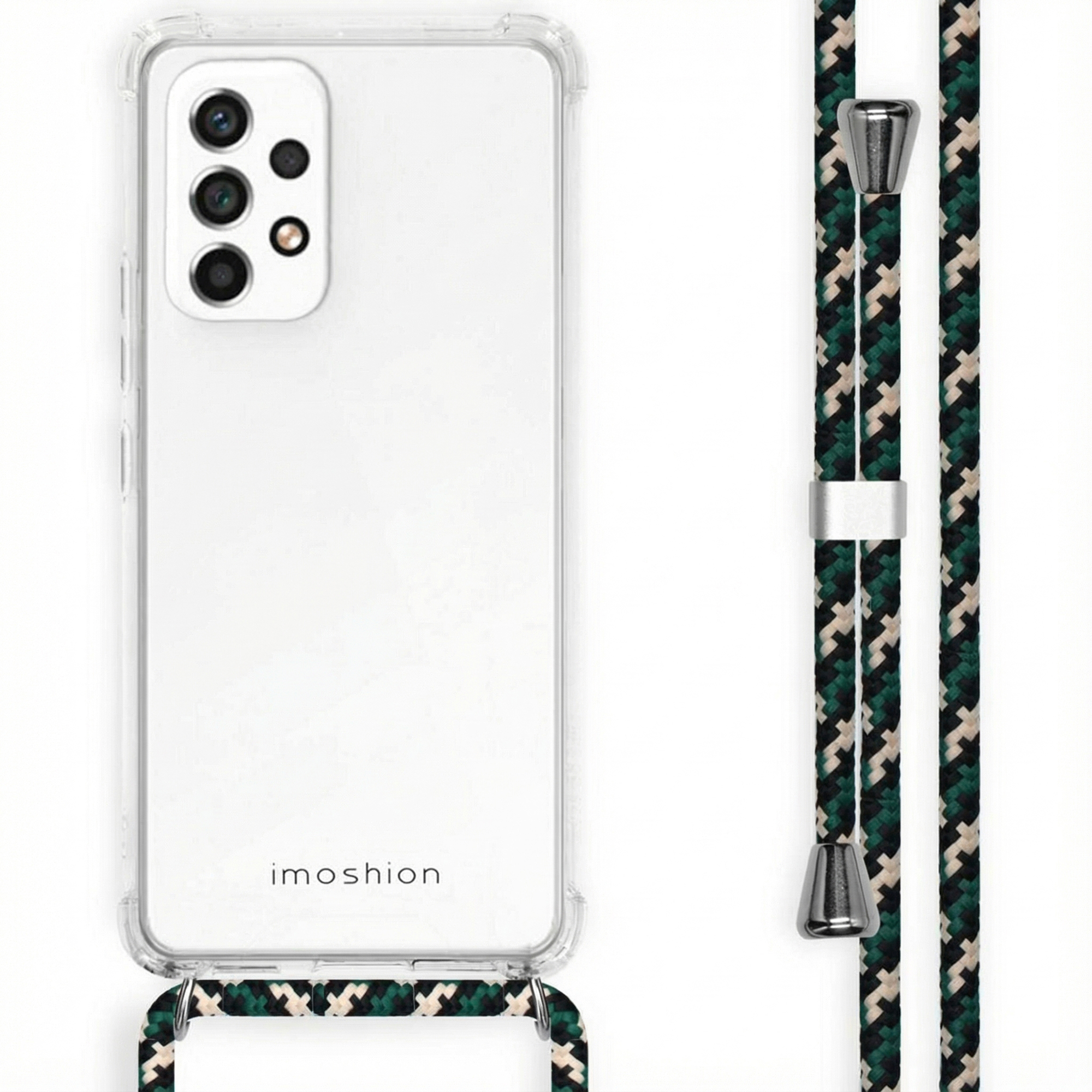 Doorzichtige telefoonhoes met camera en gevlochten koord in groen, zwart, beige.