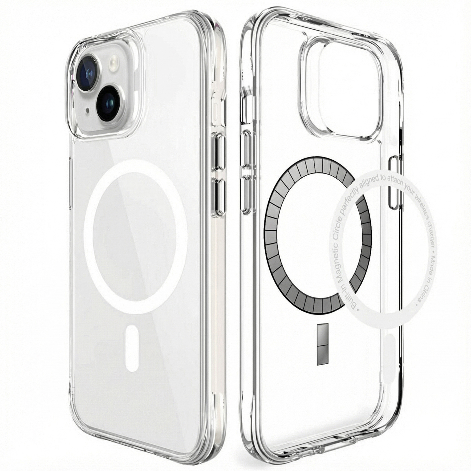 Deux coques de téléphone transparentes avec cercle magnétique et objectifs.