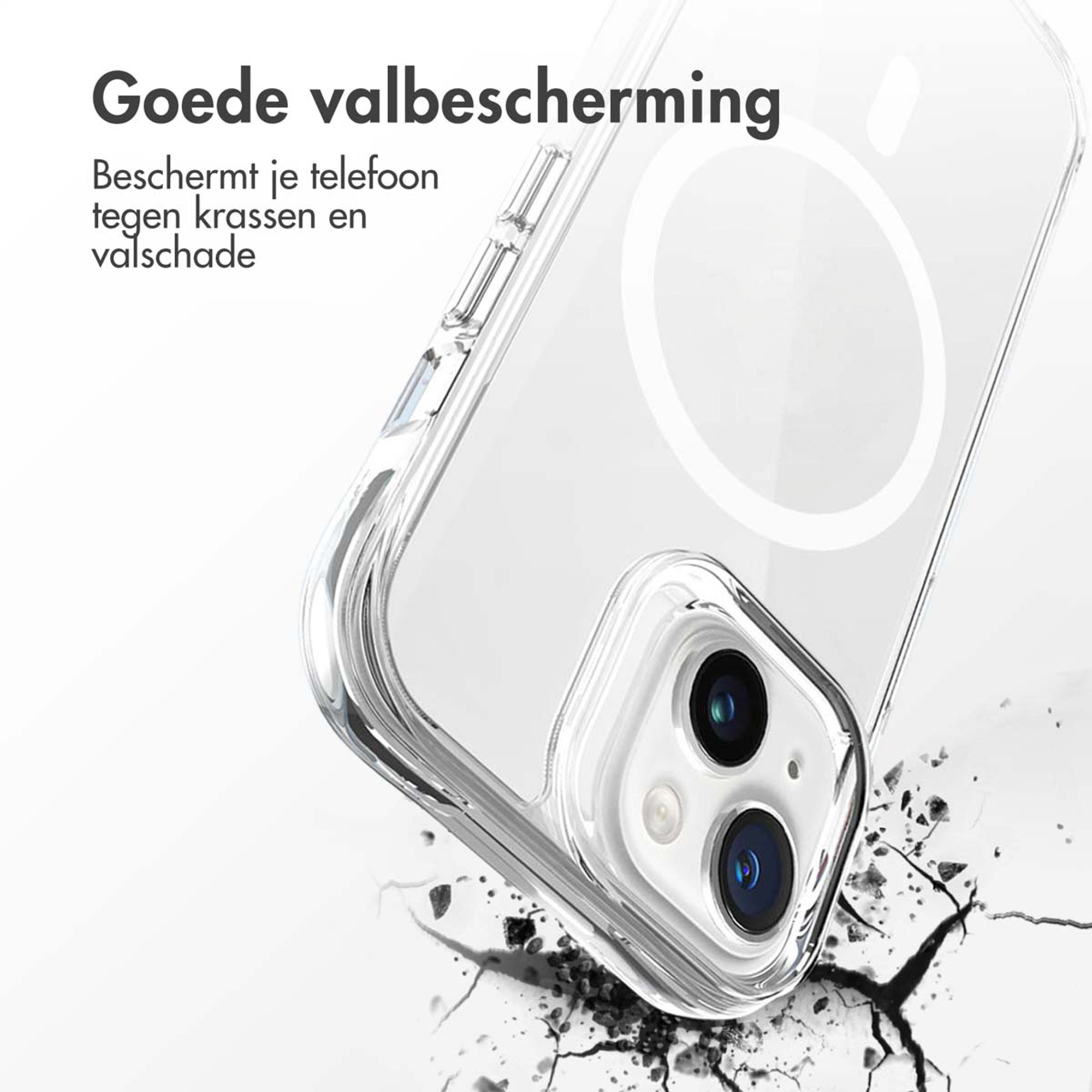 Coque de téléphone transparente montrant la caméra et du texte sur fond blanc.