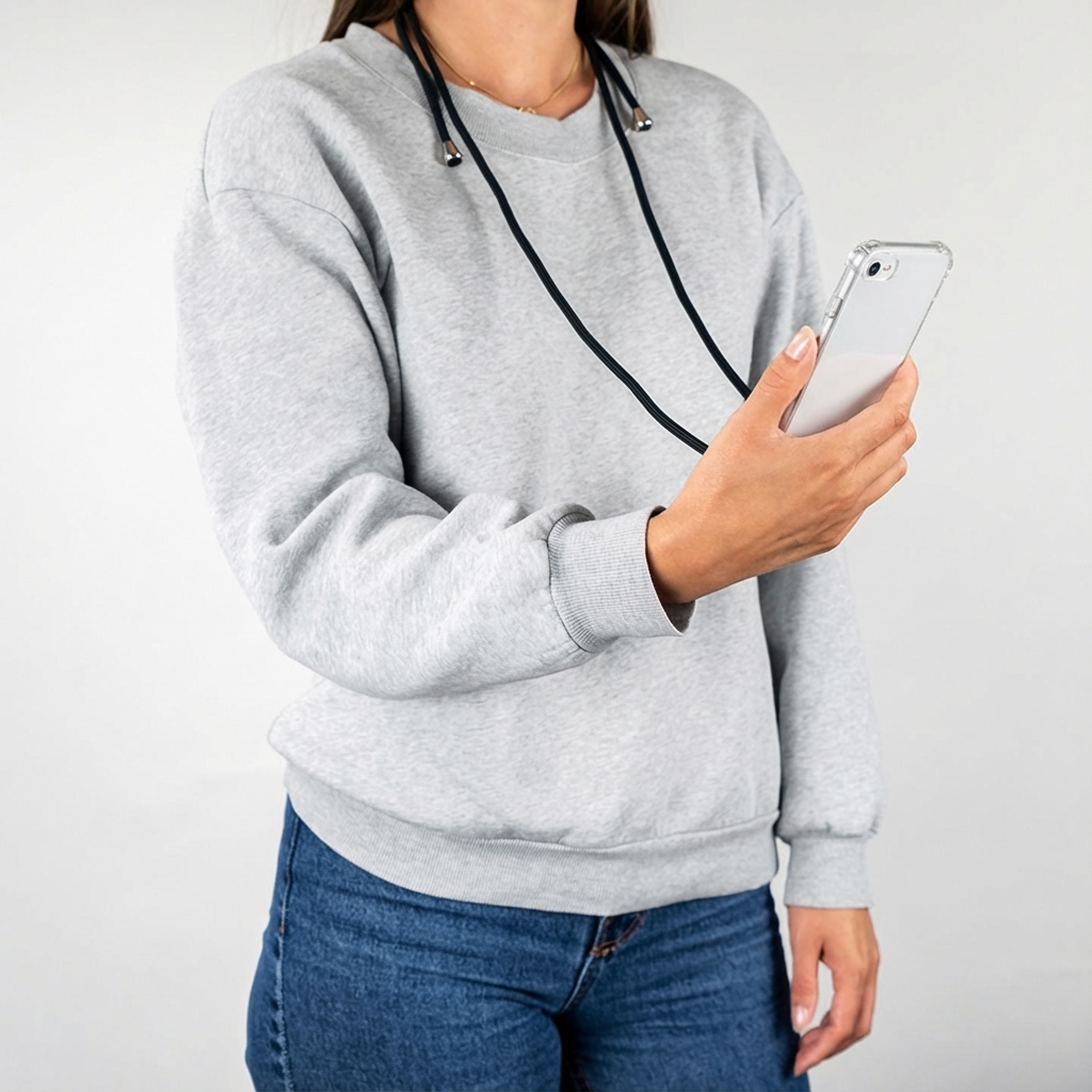 Een vrouw in een grijze trui en spijkerbroek houdt een telefoon met doorzichtige hoes vast.