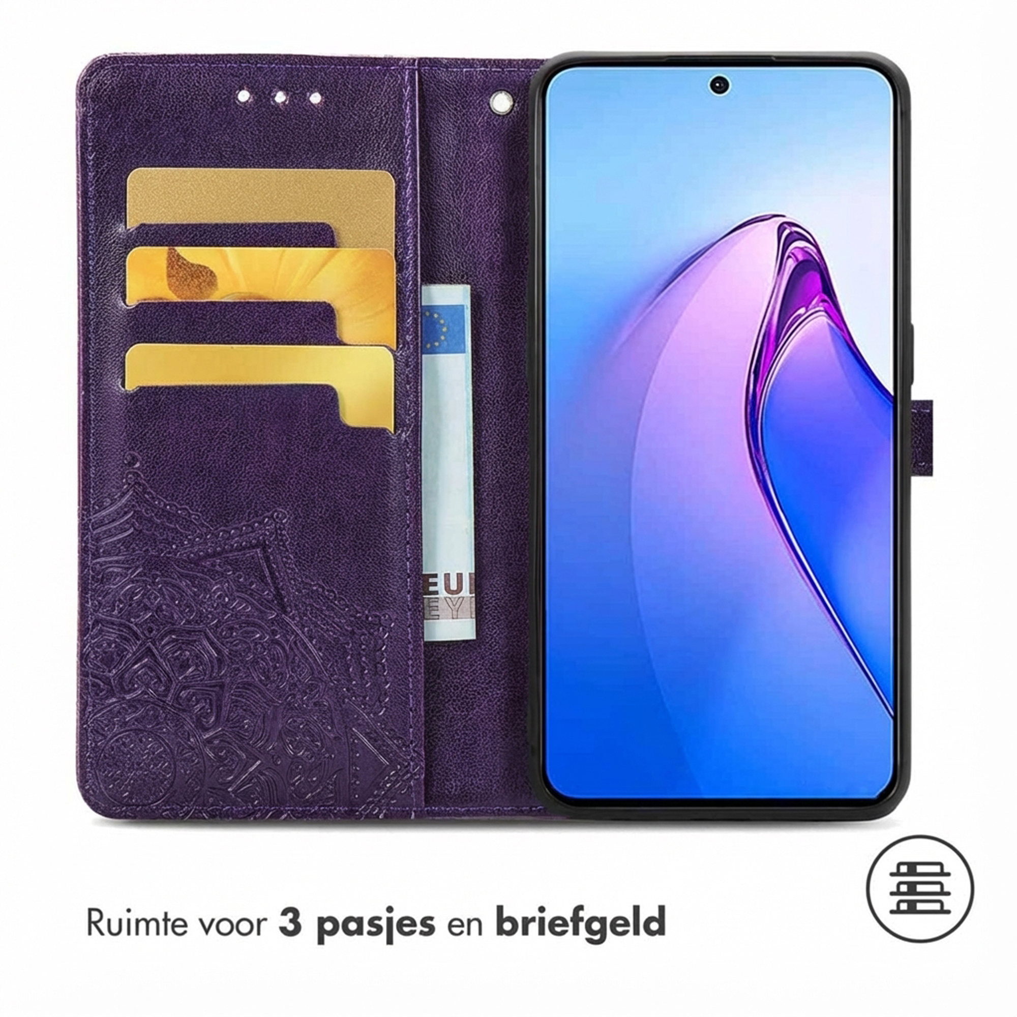 Étui de téléphone violet avec fentes pour cartes, un billet et un smartphone.