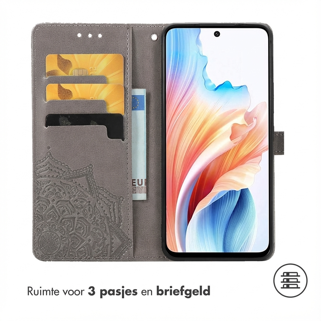 Graues Handy-Wallet mit Kartenfächern, Geldscheinfach und Handy.