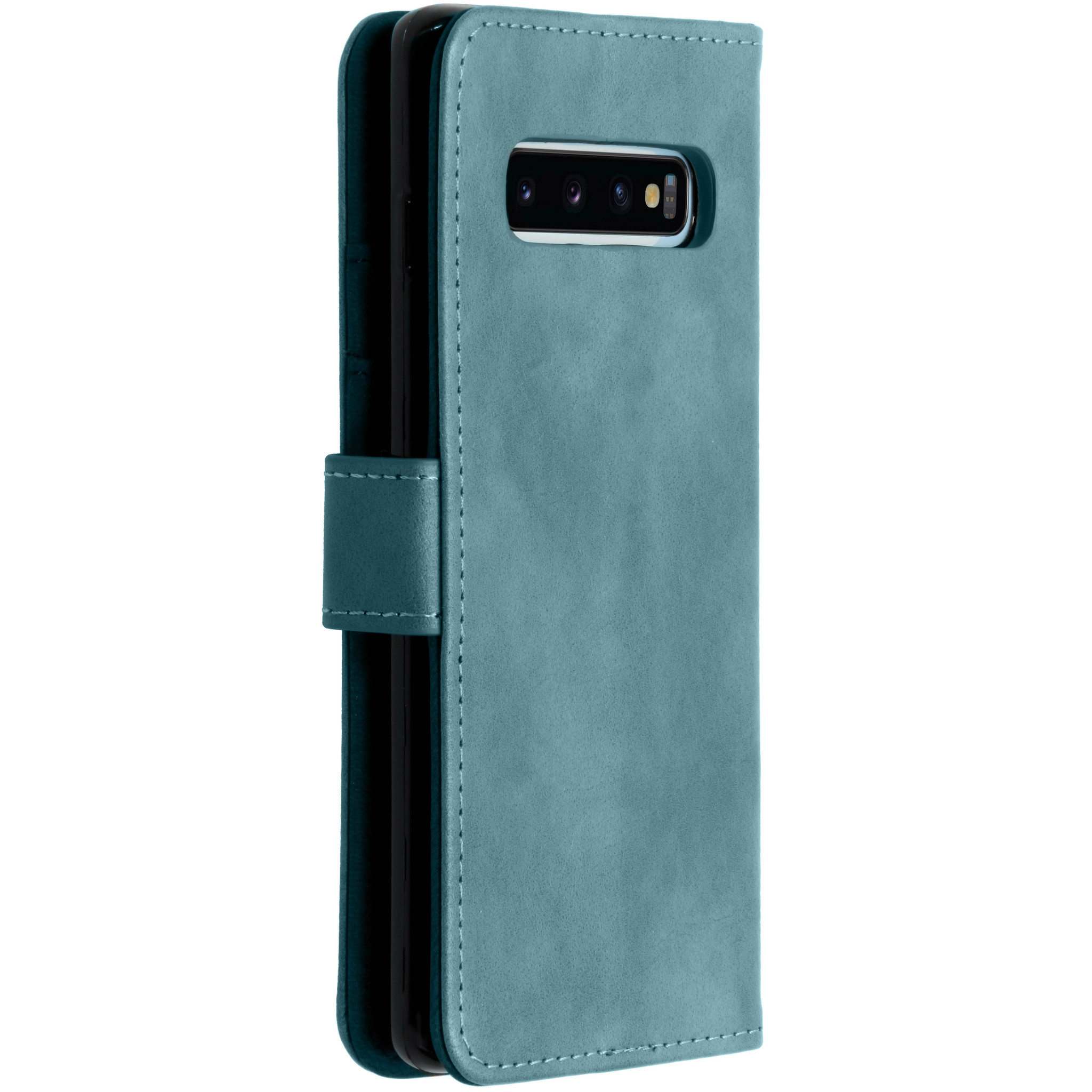 Een teal flip telefoonhoesje met stiksels en een camera-opening aan de achterkant.