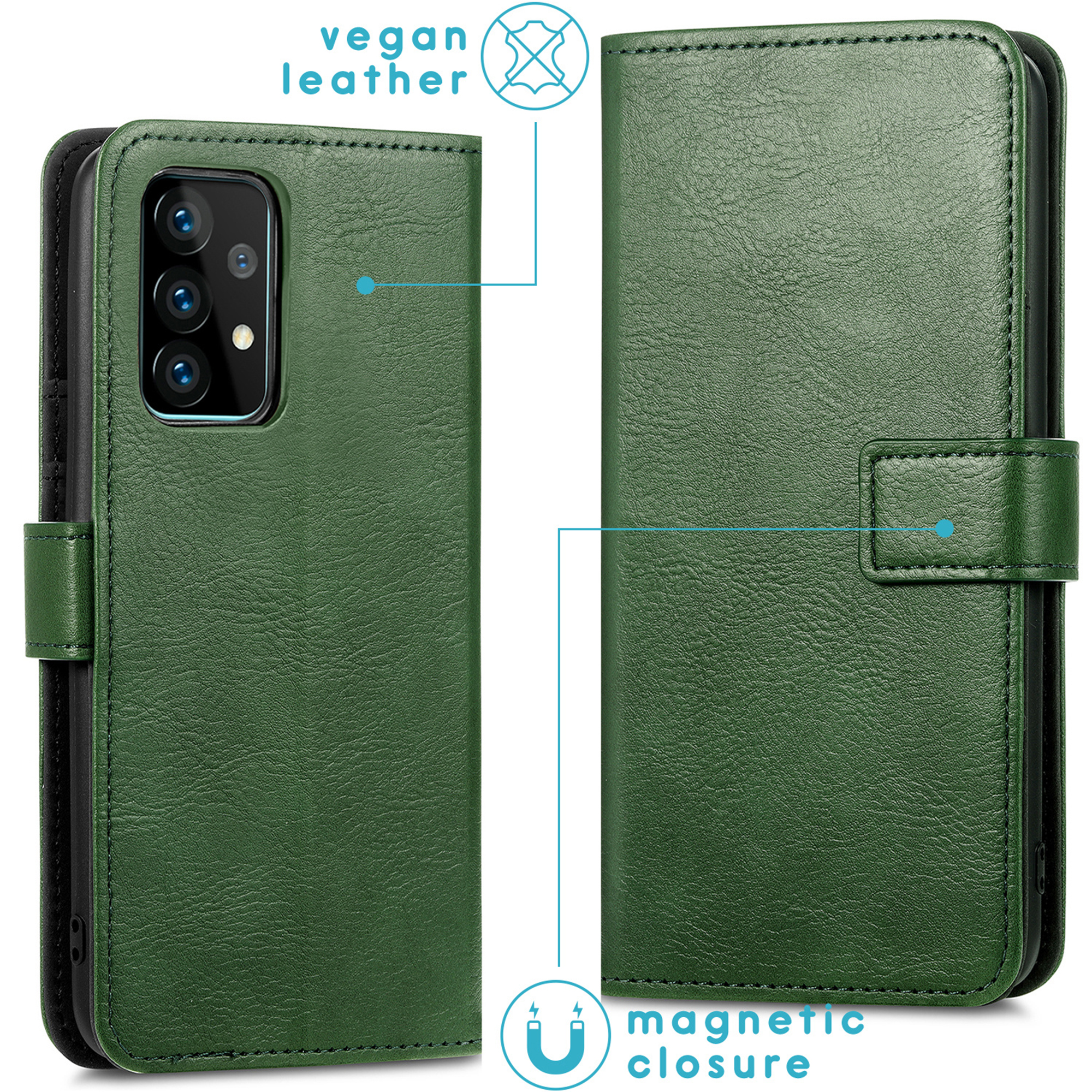 Groene telefoonhoes van veganistisch leer met magneetsluiting en camerauitsnede.
