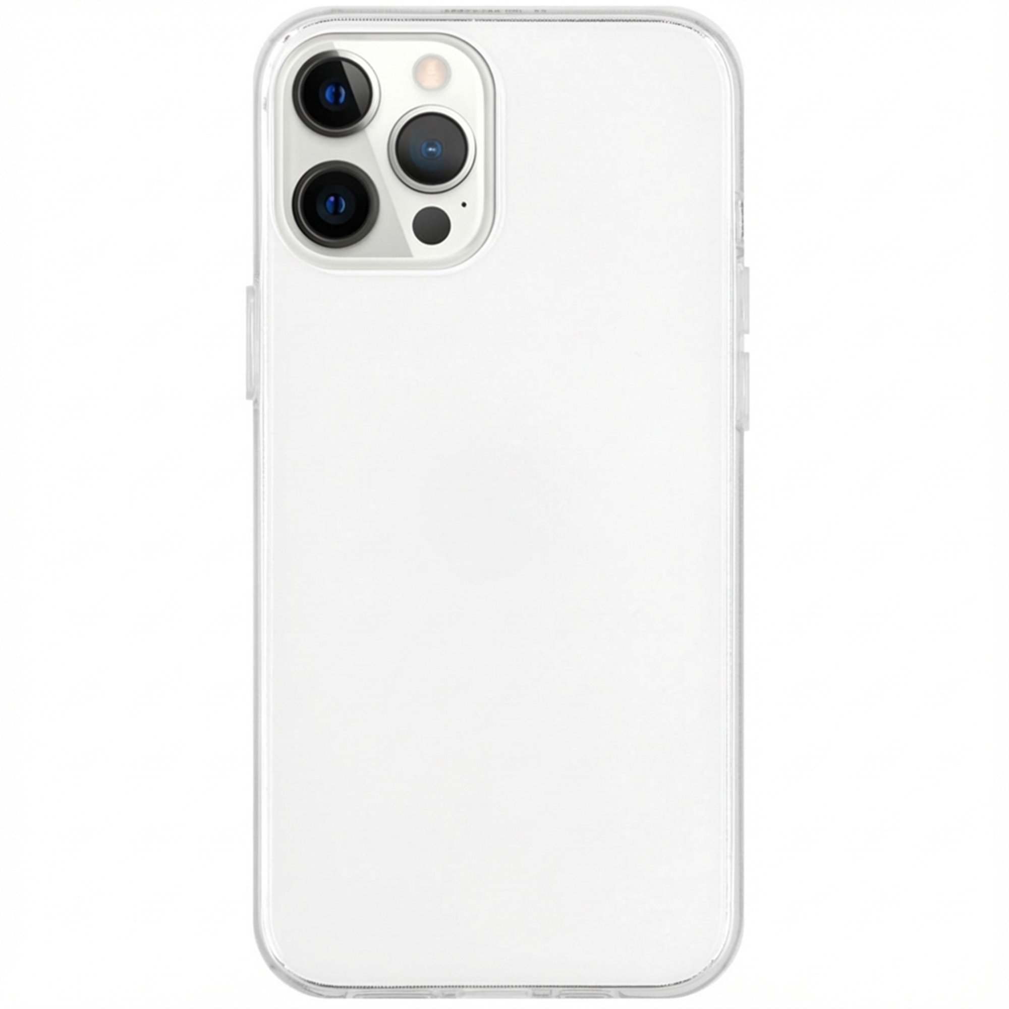 Doorzichtige telefoonhoes met drievoudige cameraplaats op witte achtergrond.