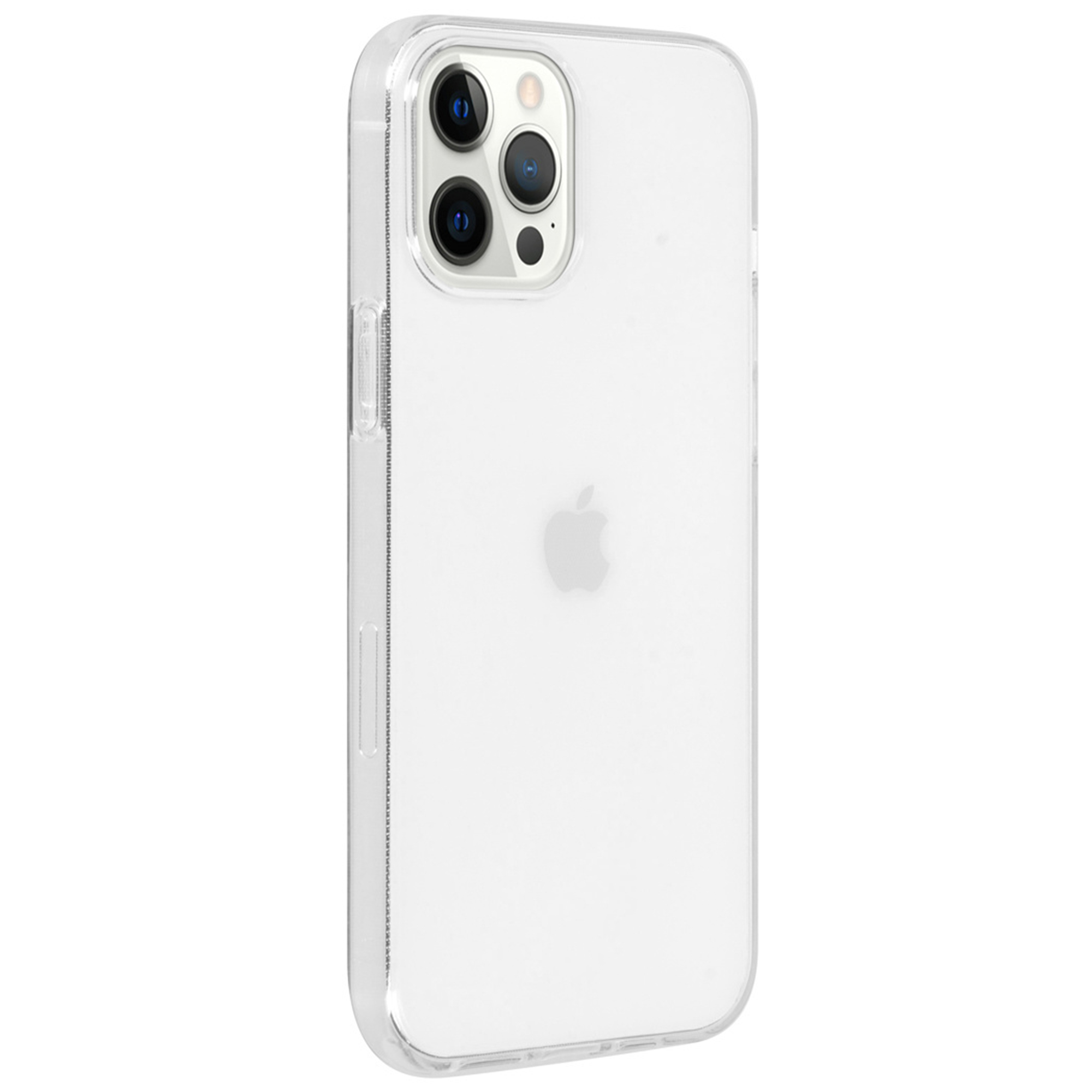 Transparante telefoonhoes met Apple-logo en cameramodule.