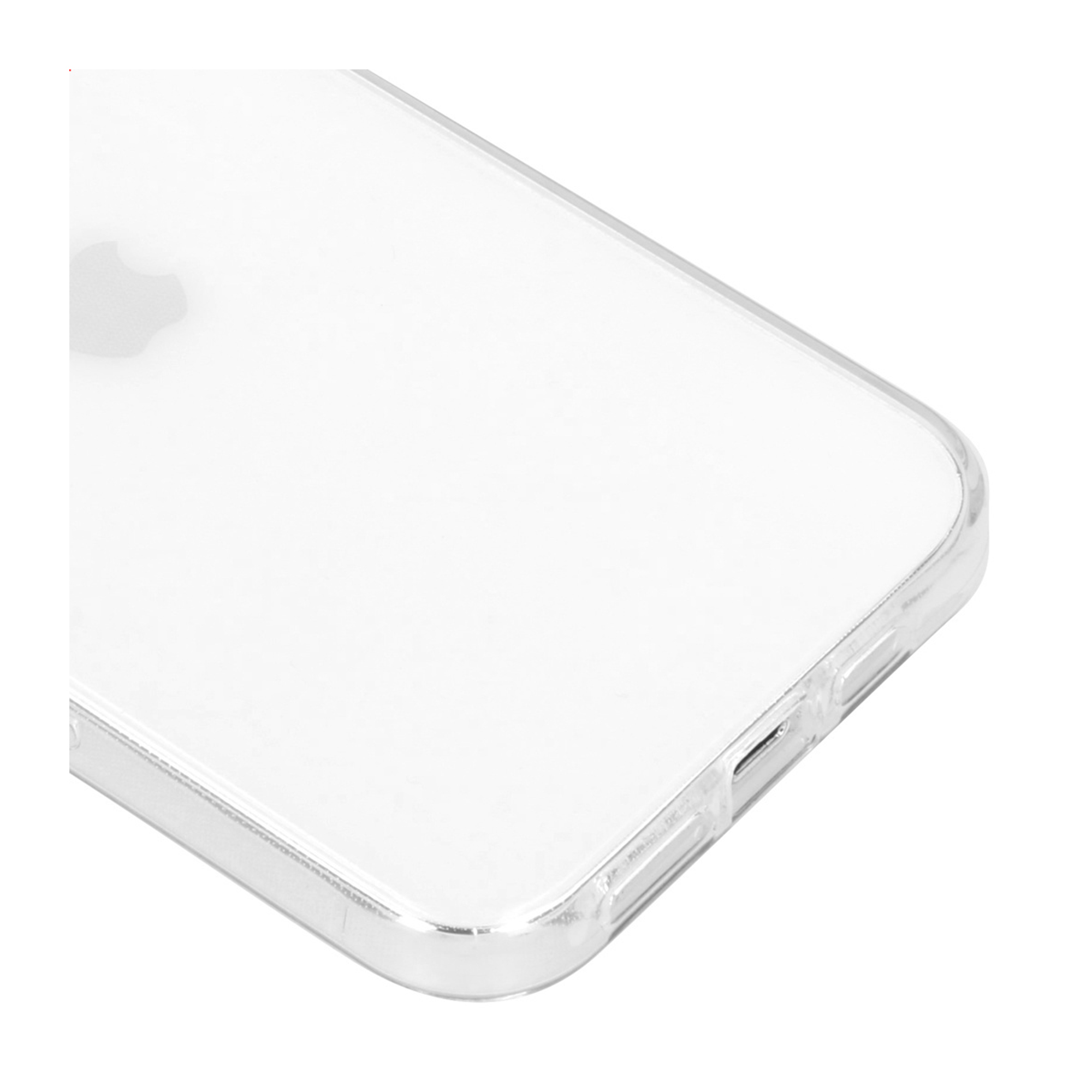 Doorzichtige telefoonhoes met Apple-logo, close-up van de hoek.