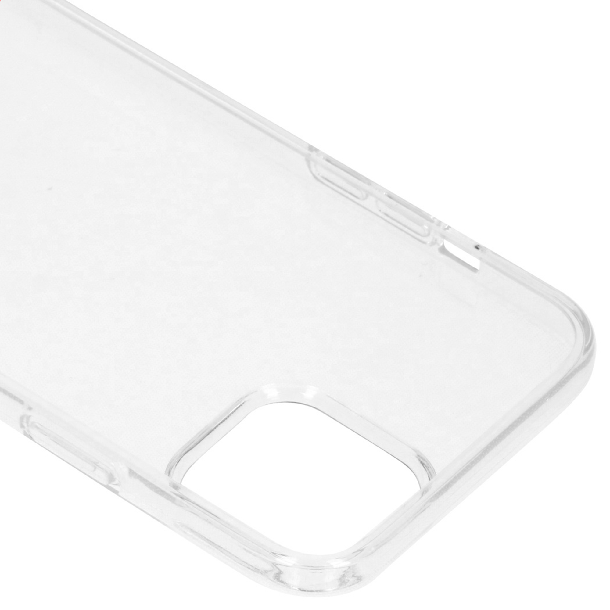 Een doorzichtige telefoonhoes heeft een rechthoekige uitsparing voor de camera.