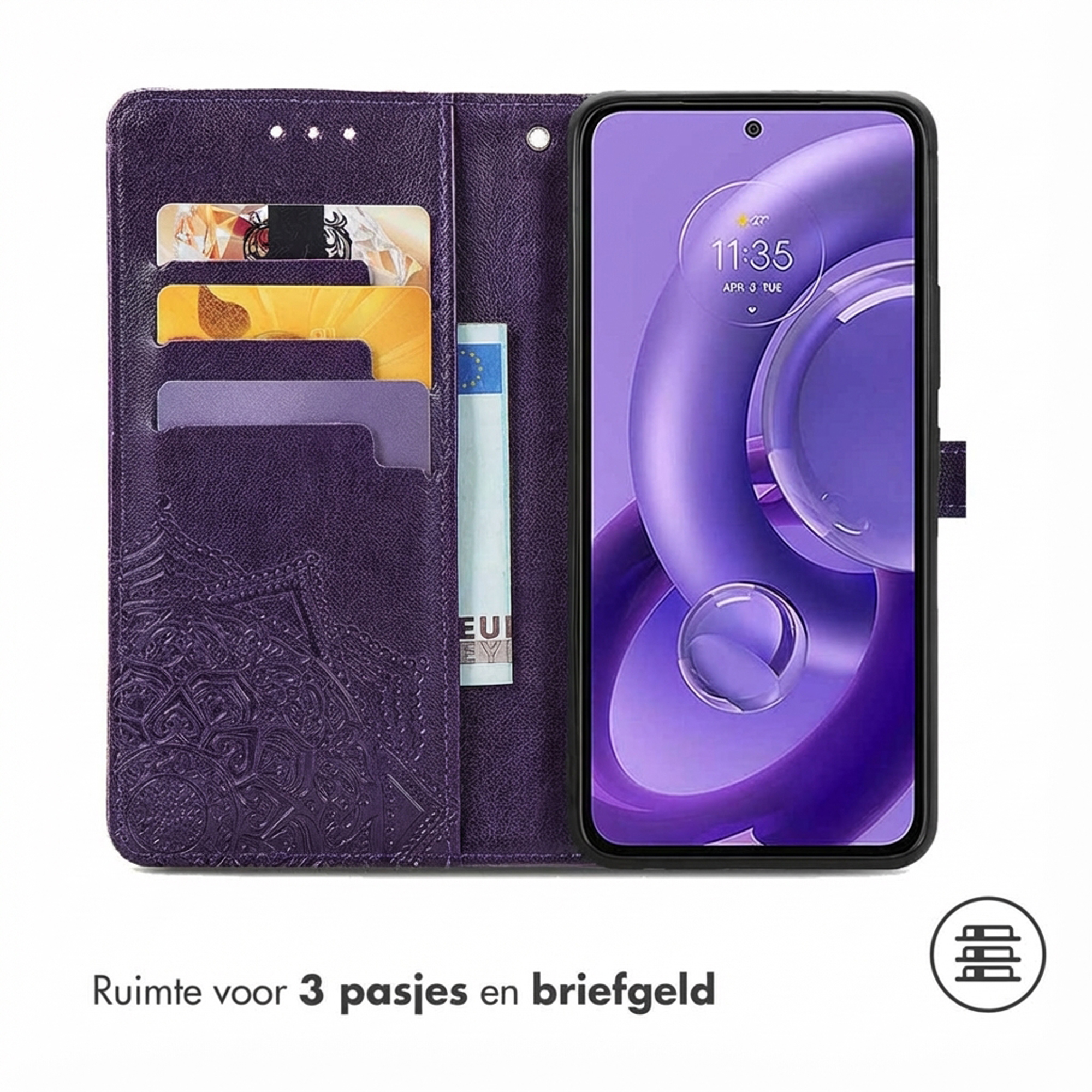 Paarse portemonnee telefoonhoes met kaartsleuven en bankbiljet. Telefoon toont 11:35.