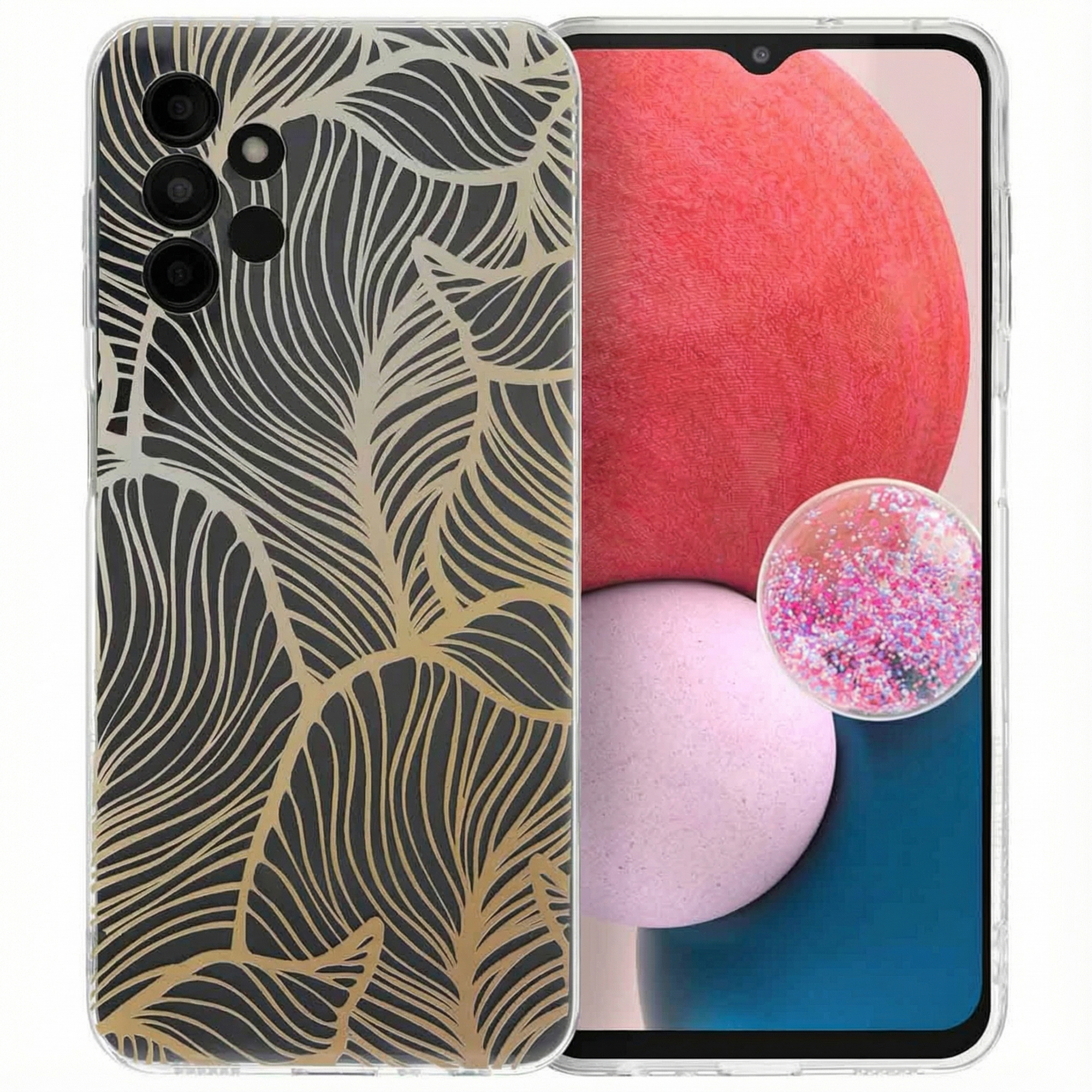 Een doorzichtige telefoonhoes met goudkleurig bladerpatroon op zwarte achtergrond.