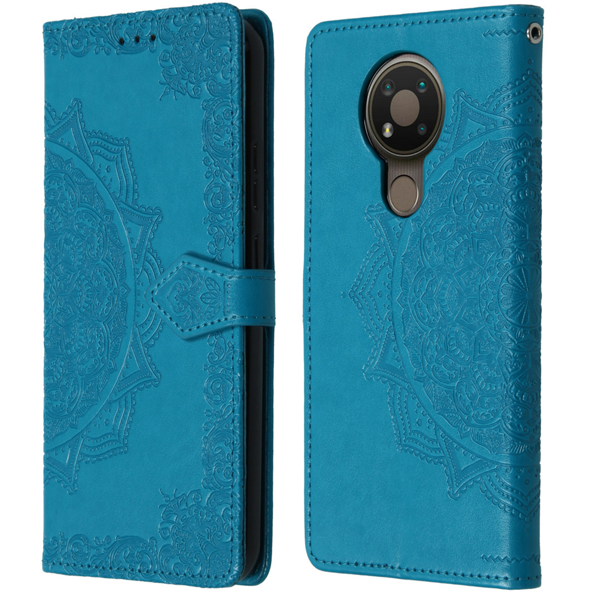 Due custodie per telefono in pelle color verde acqua con motivi mandala in rilievo. Una aperta, una chiusa con fotocamera.