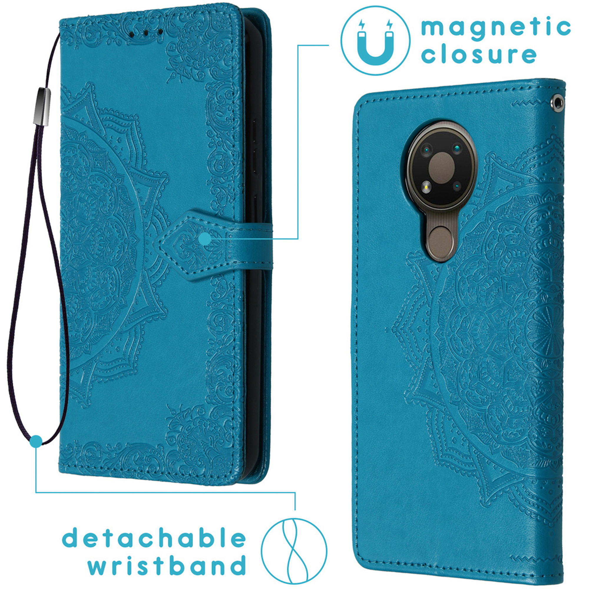 Custodia blu per telefono con rilievo mandala, cinturino da polso staccabile e chiusura magnetica.