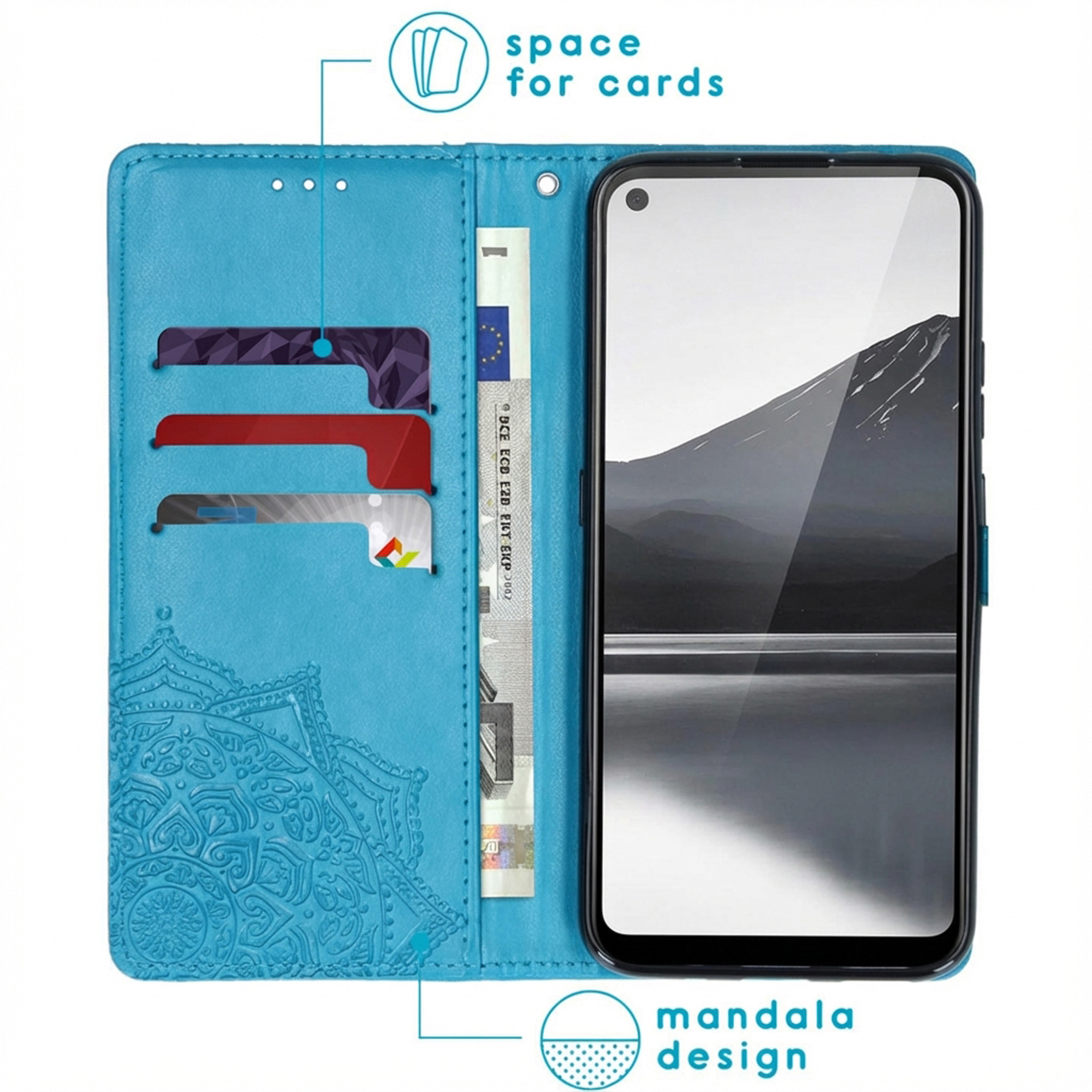 Custodia a portafoglio turchese per telefono con slot per carte.