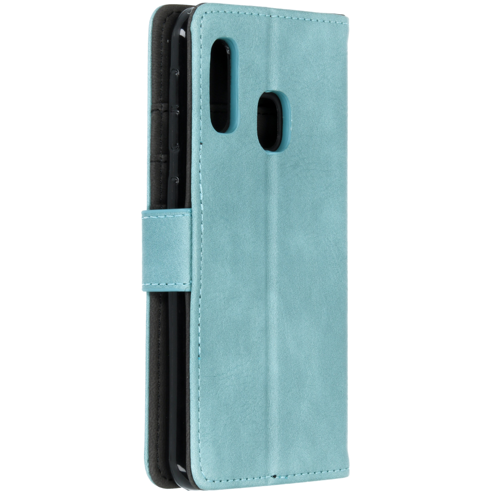 Étui de téléphone à rabat bleu clair avec deux découpes pour appareil photo.