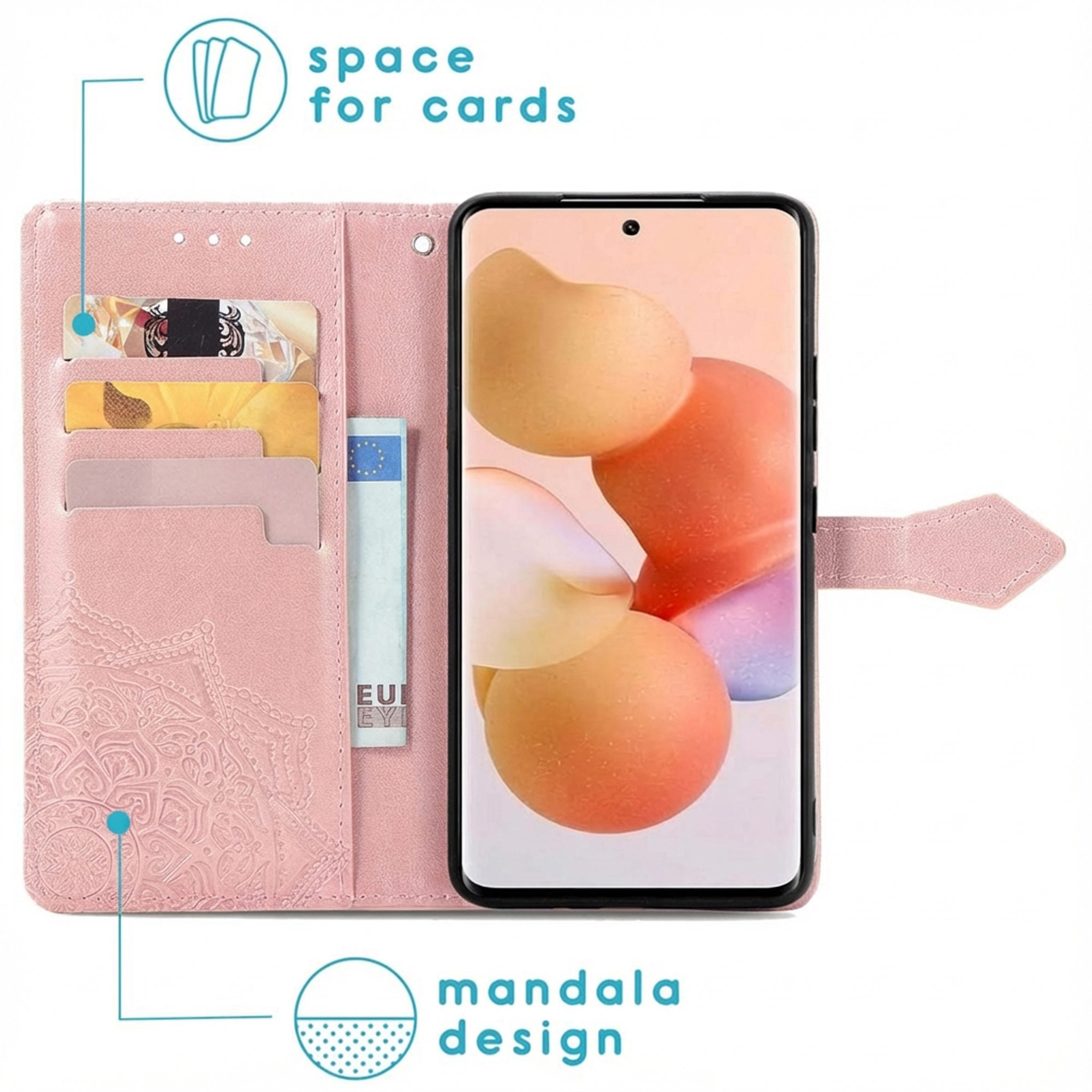 Un étui de téléphone rose avec fentes pour cartes et un design mandala.
