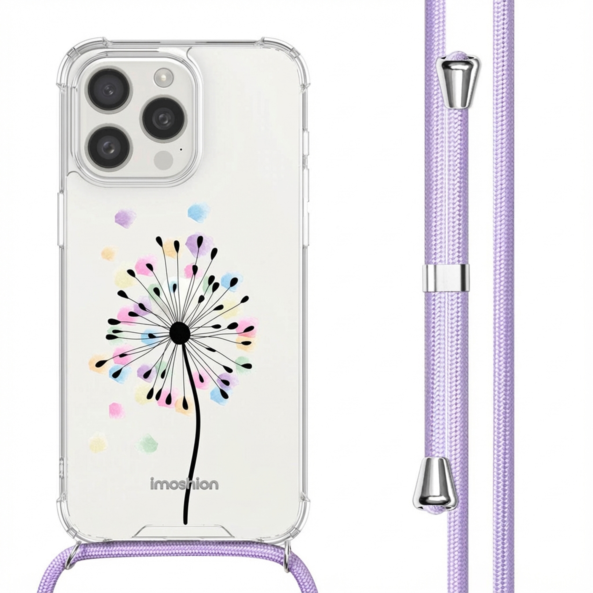 Coque transparente avec pissenlit coloré et cordon violet attaché.