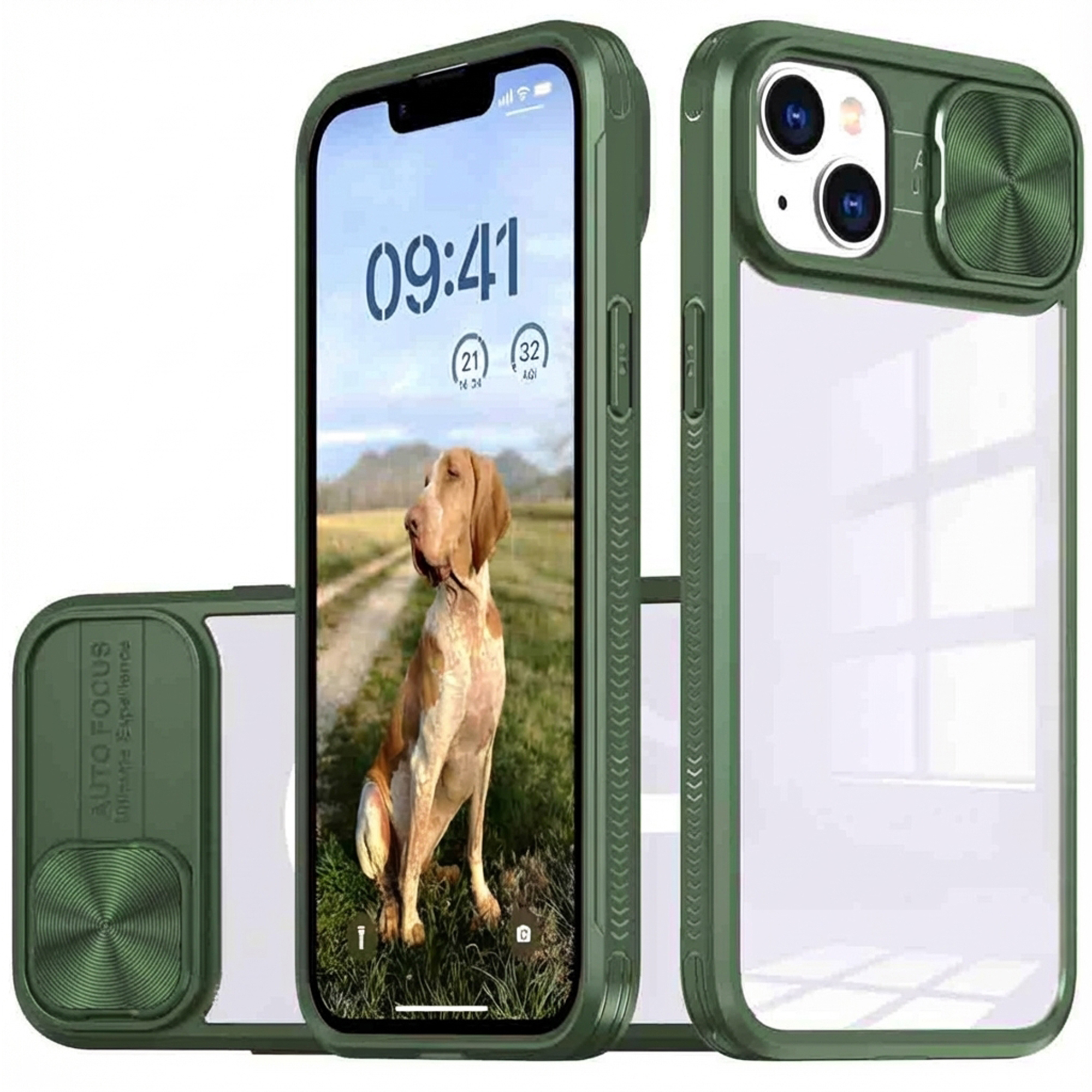Coque de téléphone verte avec dos transparent, protection caméra et chien à l'écran.