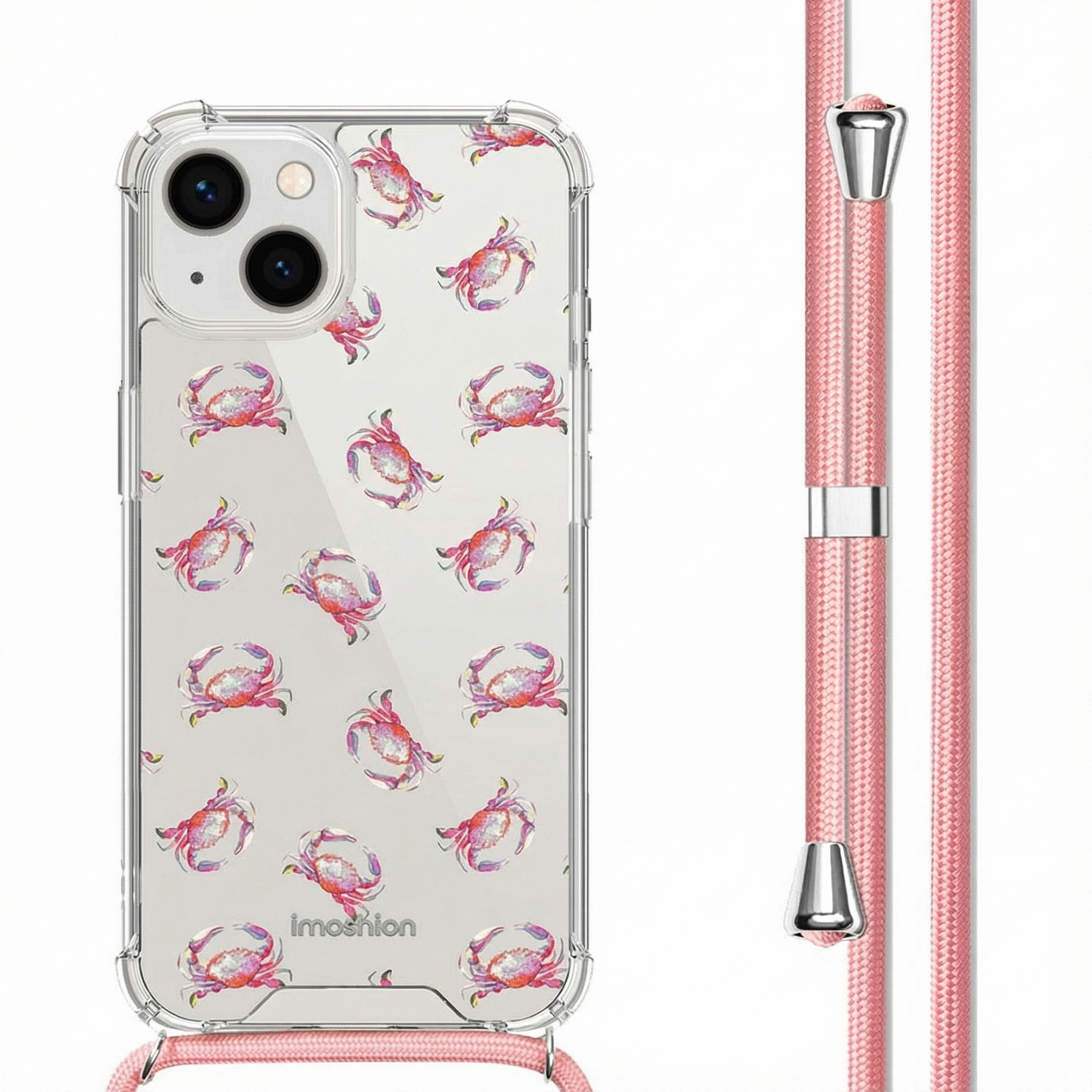 Transparante telefoonhoes met roze krabbenprint en roze koord.