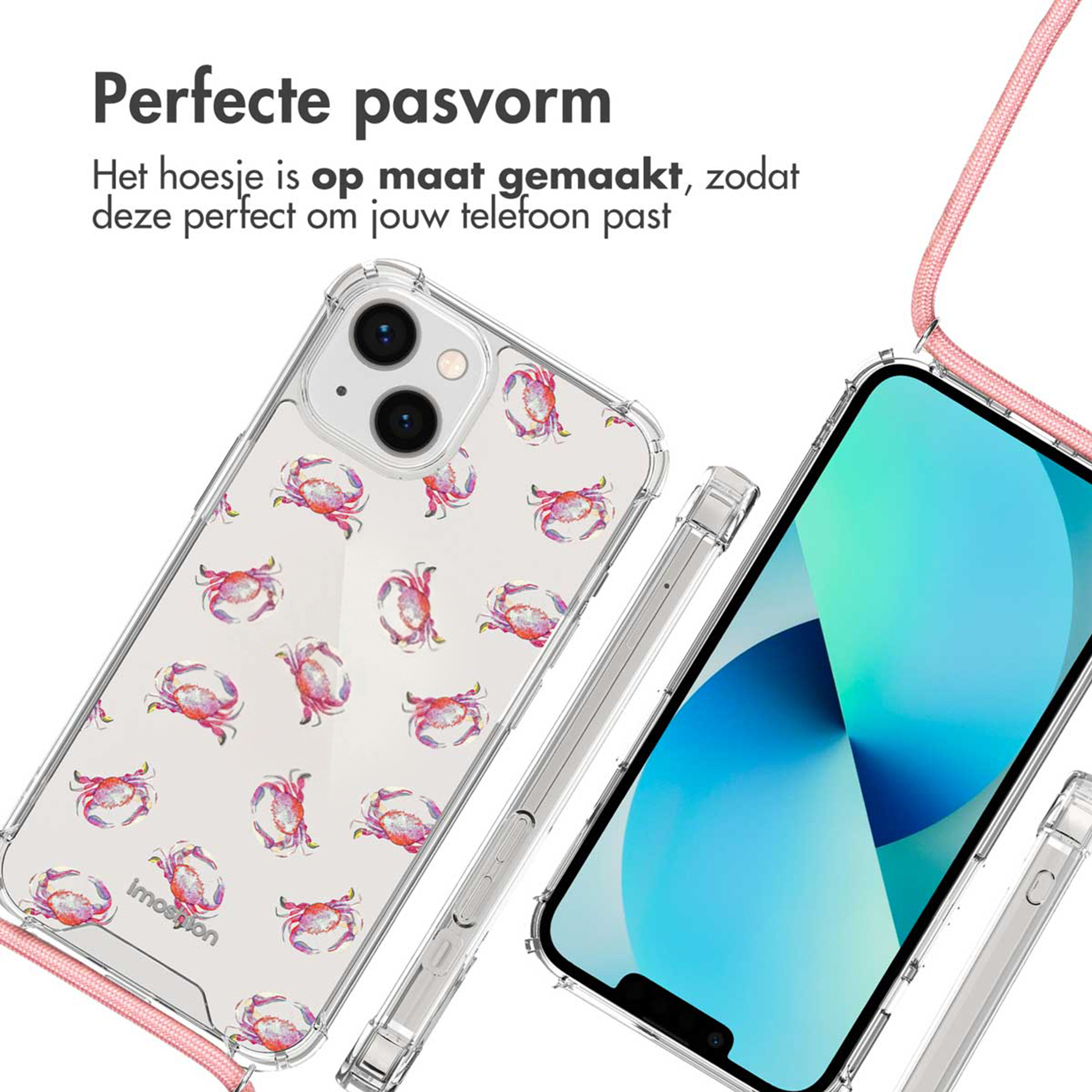 Doorzichtige telefoonhoes met roze krabbenpatroon en koord.
