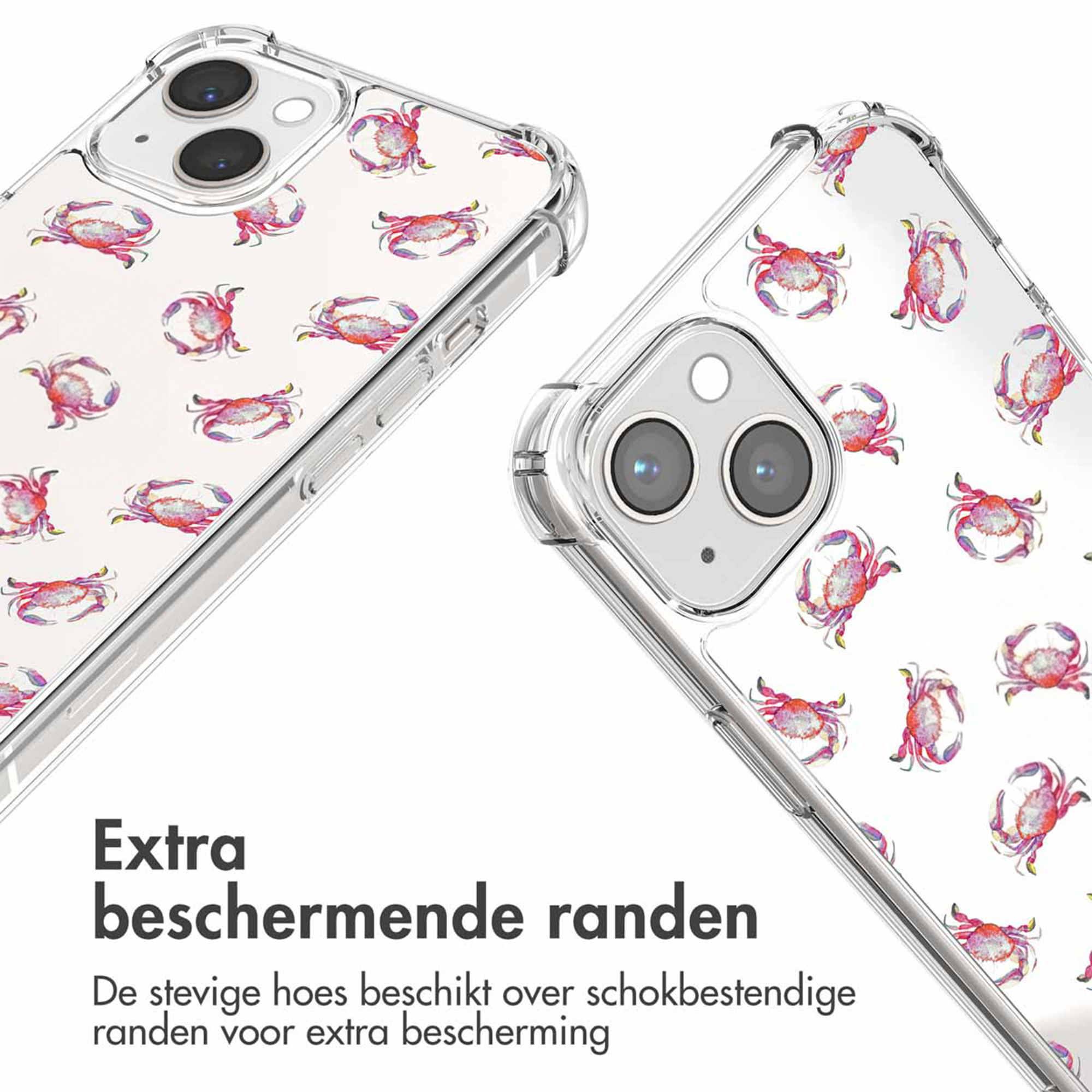 Doorzichtige telefoonhoes met krabbenprint en camera-uitsparing.