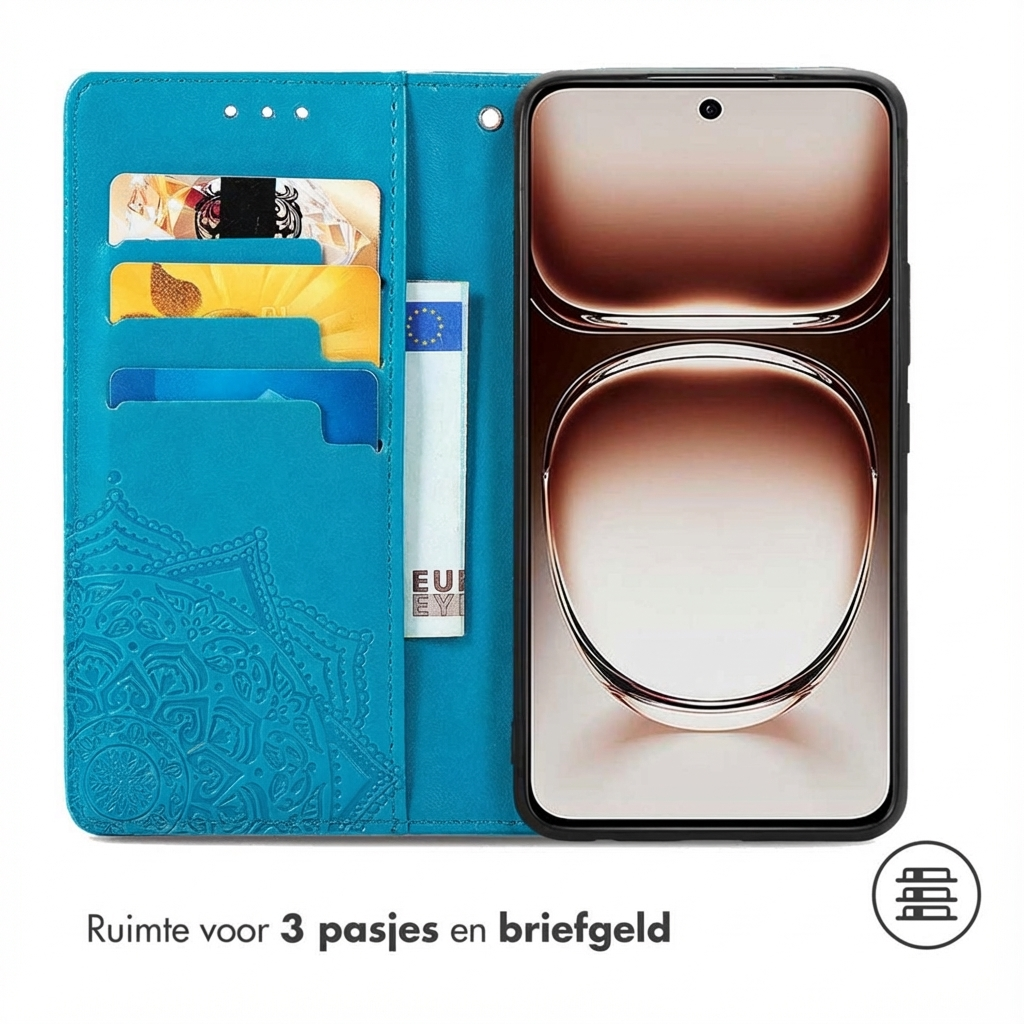 Étui turquoise pour téléphone avec fentes pour cartes et poche à billets.