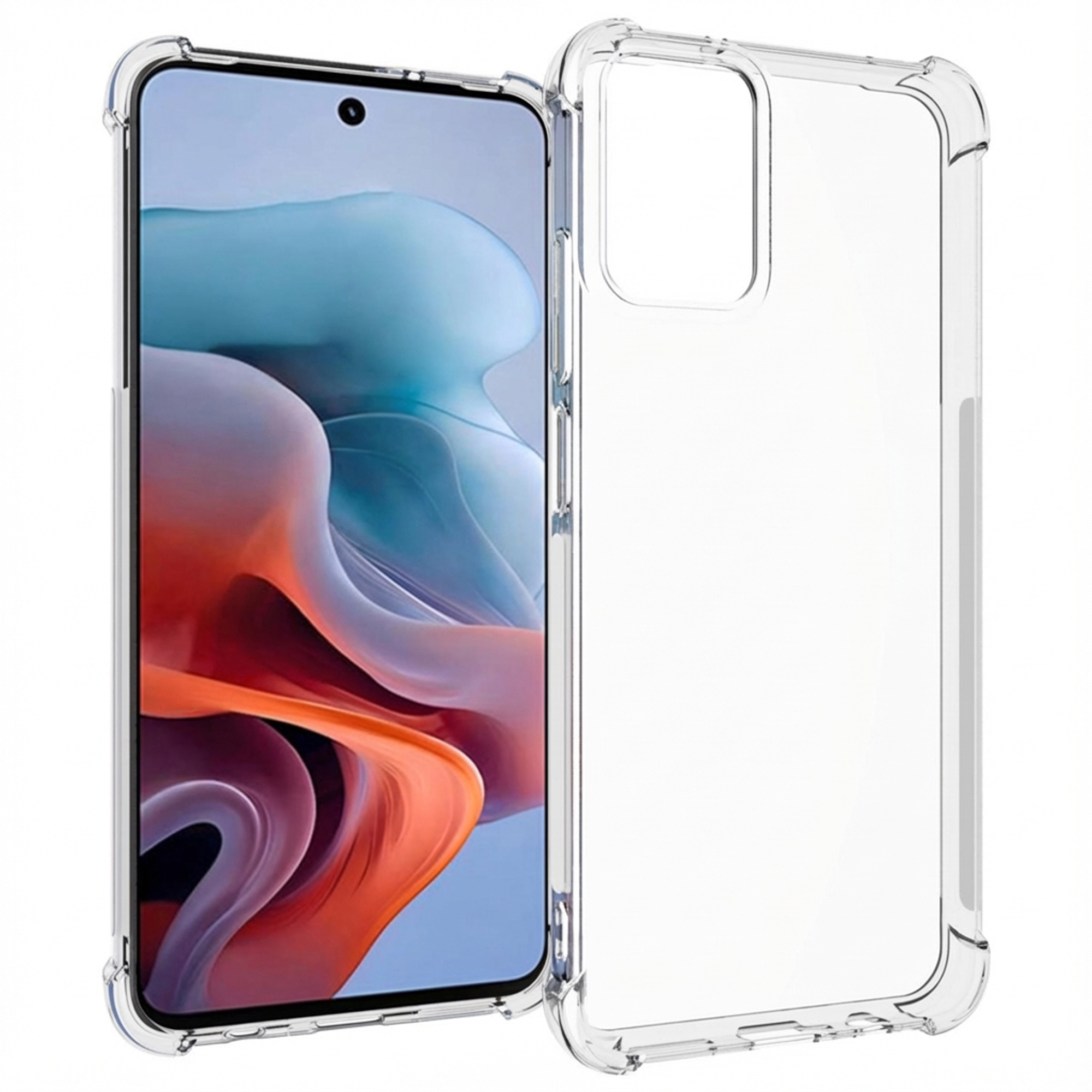 Una custodia trasparente accanto a uno smartphone con immagine di sfondo astratta.