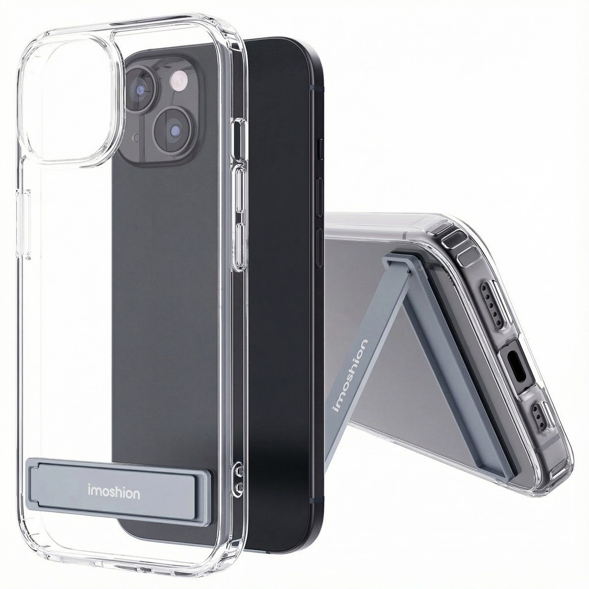 Coque transparente pour un iPhone noir avec béquille intégrée.