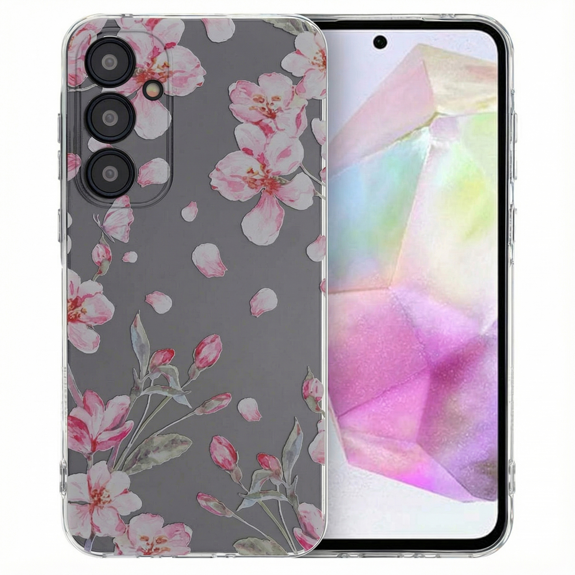 Coque de téléphone transparente avec fleurs de cerisier roses et trois objectifs.