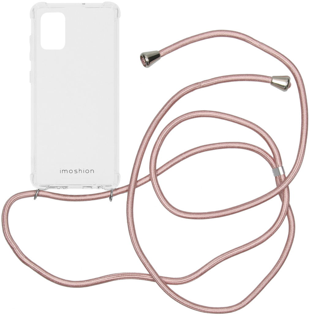 Doorzichtige telefoonhoes met roségouden koord en zilveren sluitingen.