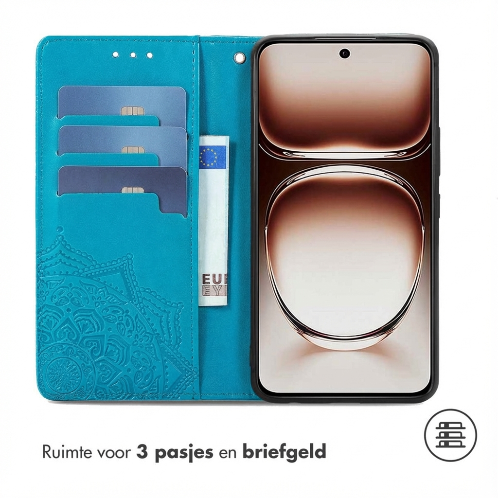 Custodia turchese per telefono con 3 porta carte e scomparto banconote.