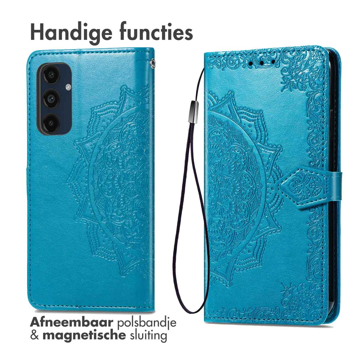 Couverture de téléphone bleue avec mandala en relief et sangle détachable.