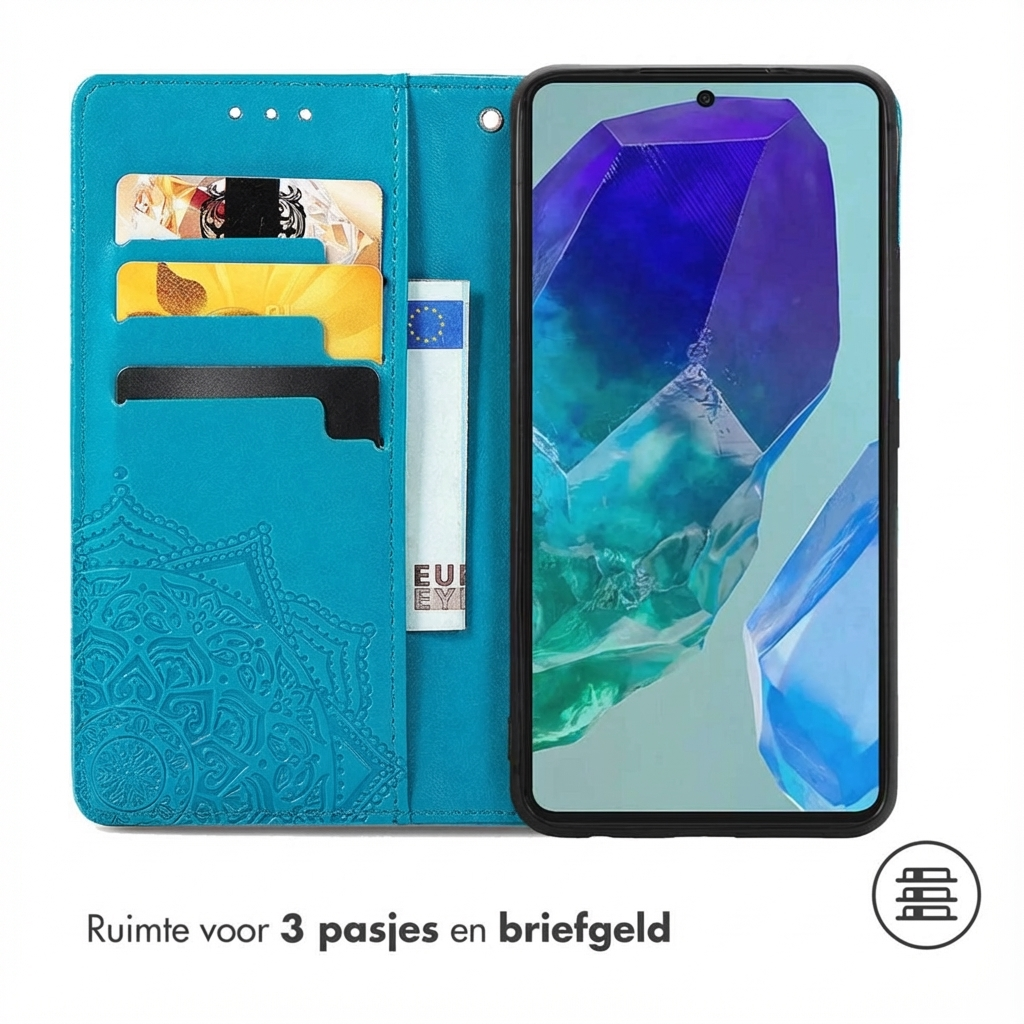 Étui portefeuille turquoise pour téléphone avec fentes pour cartes et compartiment à billets.